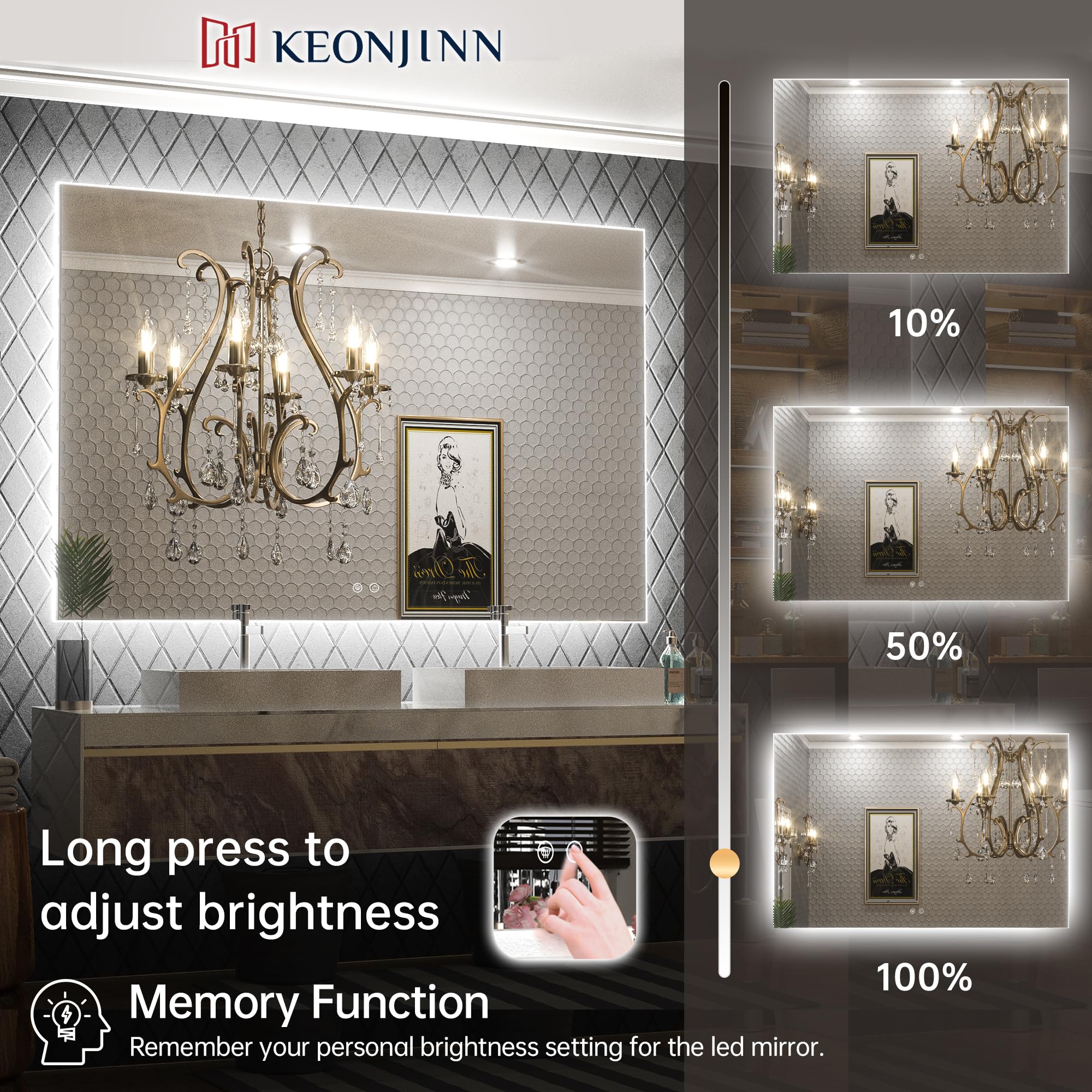 Keonjinn 60 X 40 Inch Led Vanity Mirror Backlit Mirror Bathroom Lighted Mirror Large Anti-Fog Wall Mounted Dimmable Makeup Mirro
