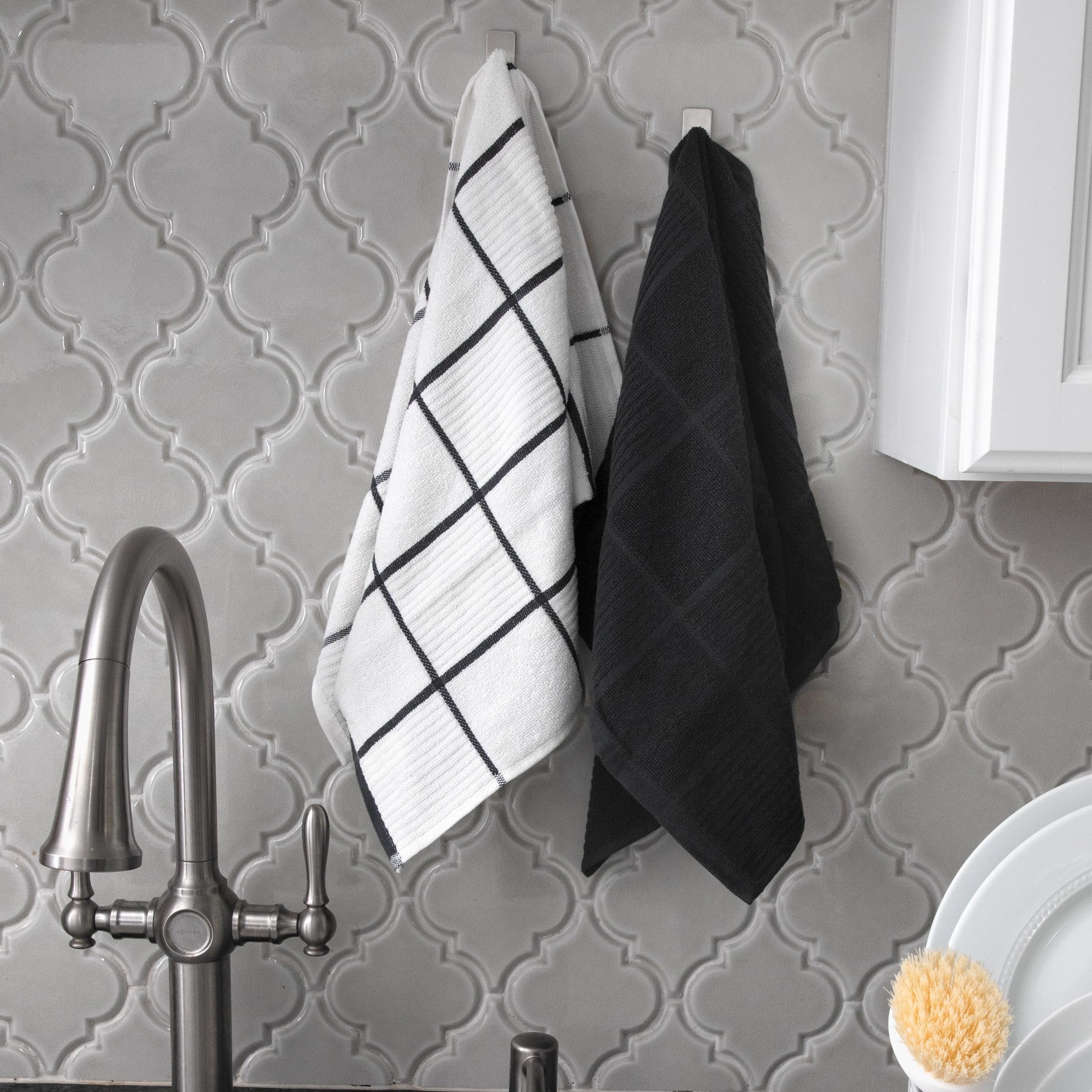 T-Fal Textiles Kitchen Towels 2-Pack Solid & Check Parquet  Solid/Check - 2 Pack  Charcoal  2 Count