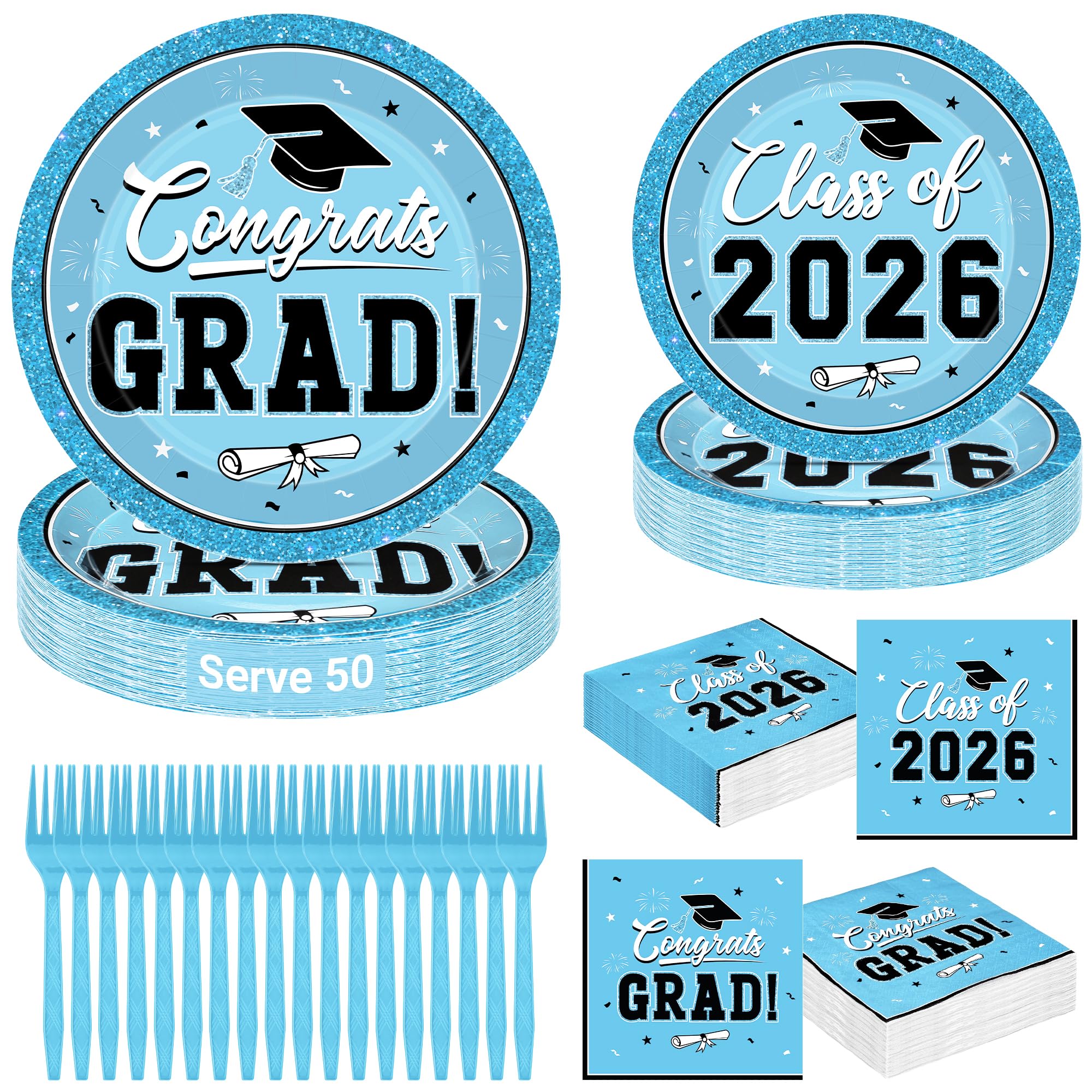 QZYL 50 Set Graduation Party Supplies, Sky Blue Graduation Plates and Napkins 2026, Disposable Dessert Plates and Plastic Forks,