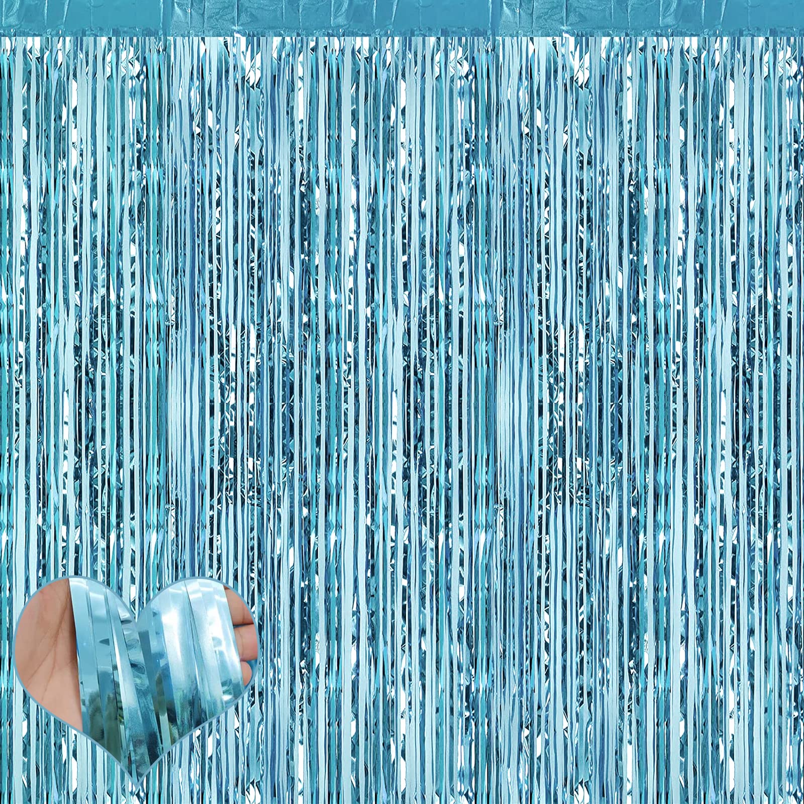 4 Pack Light Blue Fringe Curtain Backdrop, 3.2Ft X 9.8Ft Metallic Tinsel Foil Fringe Streamers Curtains Background For Photo Boo