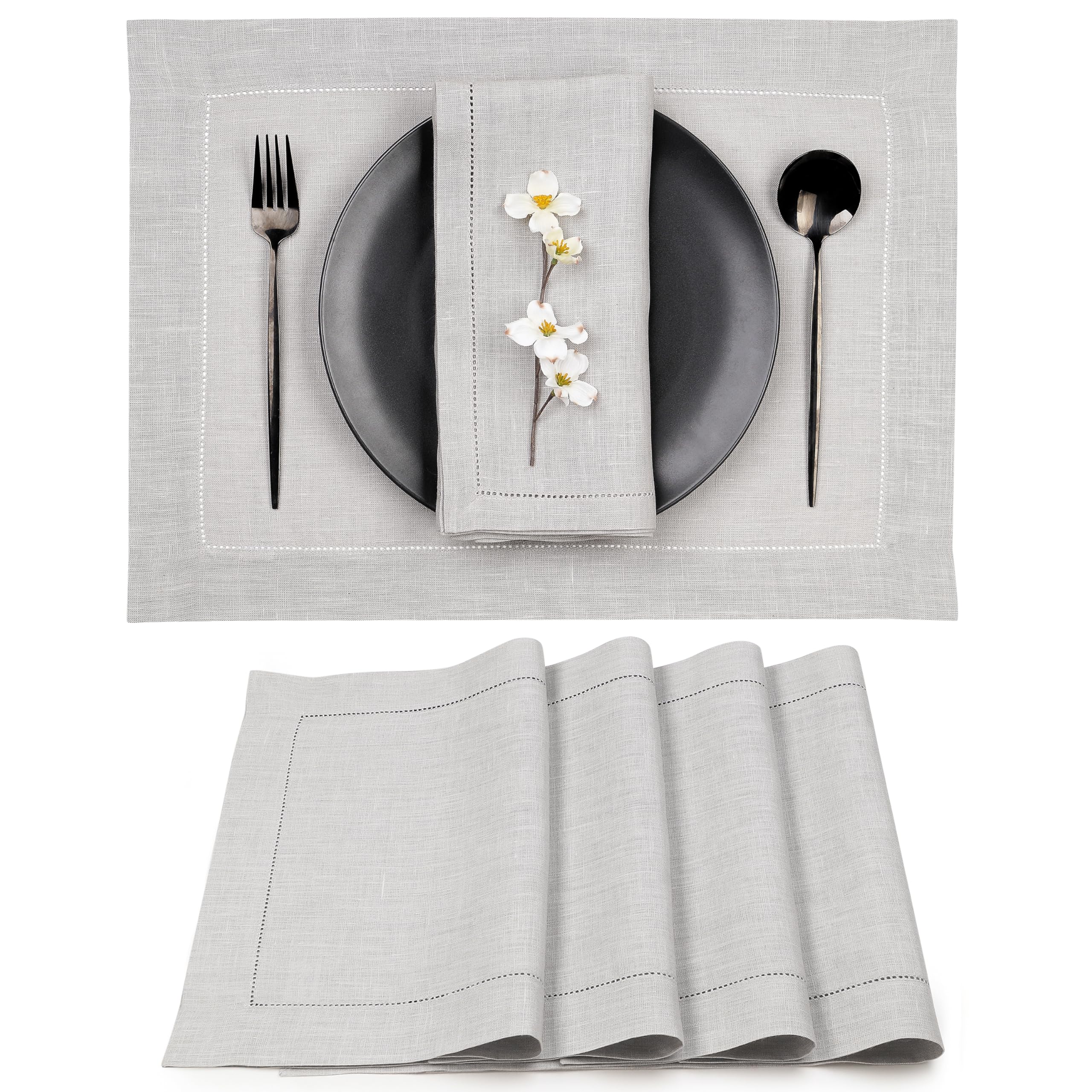 D'Moksha Homes Linen Placemats Set Of 4-100% Pure Linen Silver Grey Placemats 14 X 19 Inch - Classic Hemstitch, Washable Silver