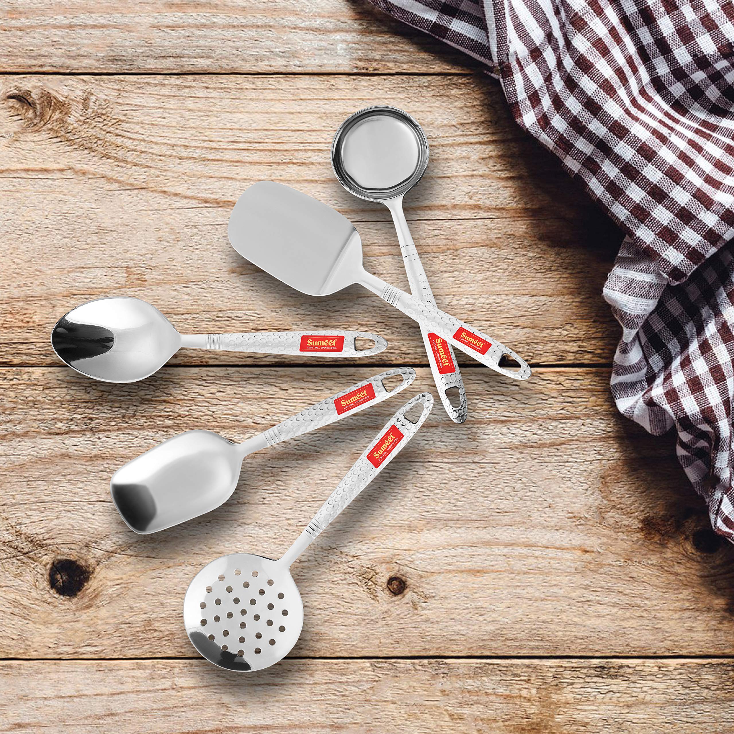 Sumeet Stainless Steel Small Serving And Cooking Spoon Set Of 5Pc (1 Turner, 1 Serving Spoon, 1 Skimmer, 1 Basting Spoon, 1 Ladl