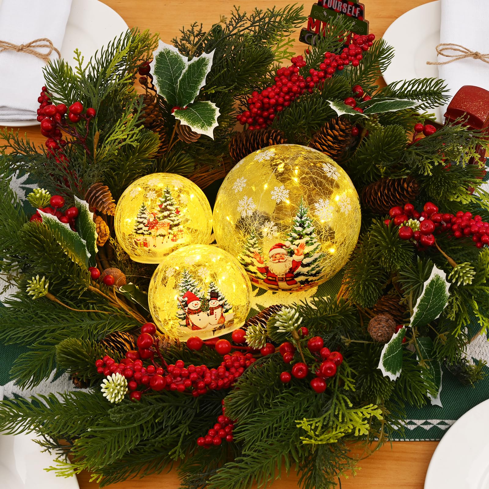 Yinhua Christmas Decorations Indoor, 5.9 Light Up Christmas Tree Crackle Glass Balls, Lighted Deer Santa Snowman Globe Light wit