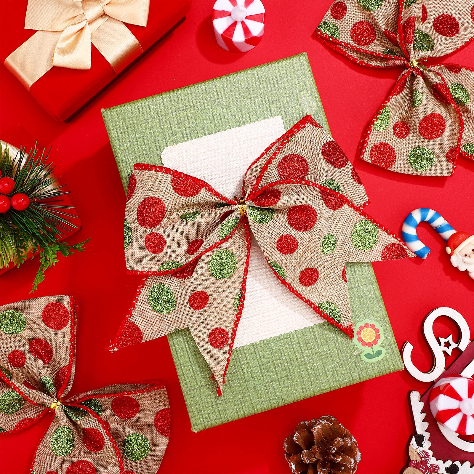 Jetec 12 Pcs Red Green Christmas Bows Decoration 6 Inch Large Christmas Wreaths Bows Xmas Tree Dot Ribbons Ornaments for Garland
