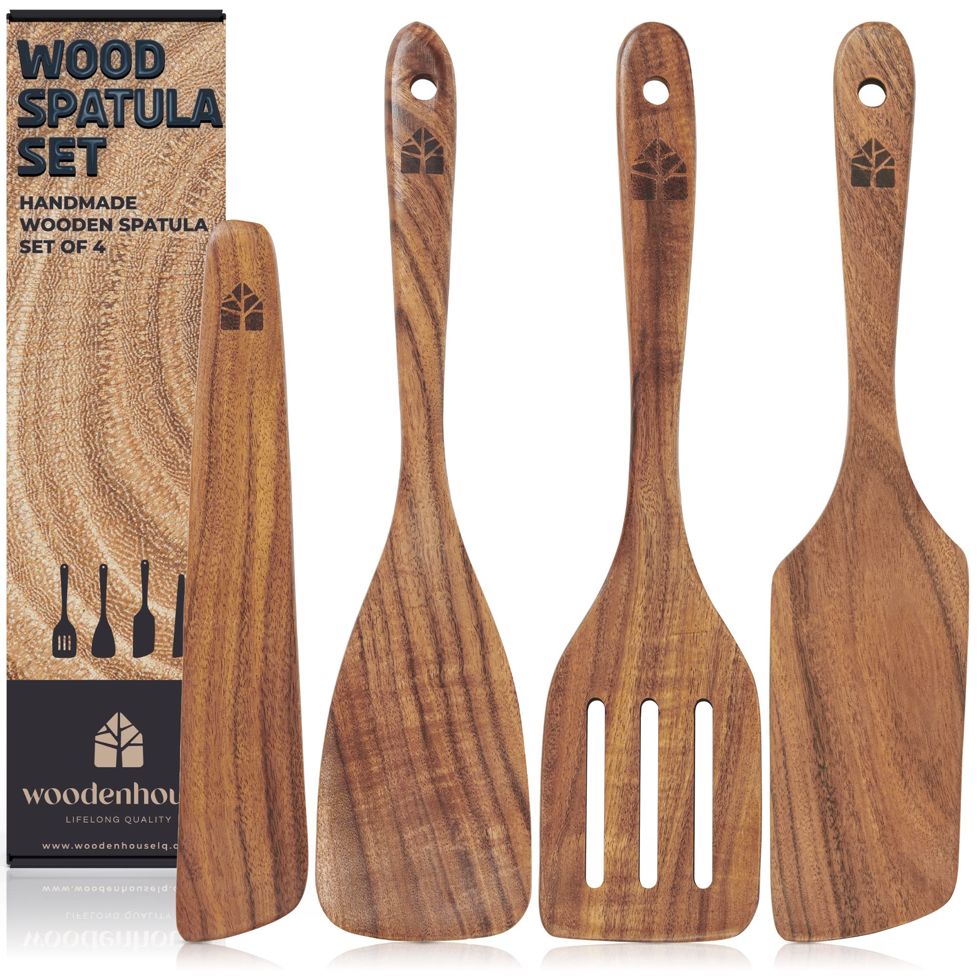 Wooden Spatula For Cooking, Kitchen Set Of 4, Natural Teak Wooden Utensils Including Paddle, Turner Spatula, Slotted Spatula And
