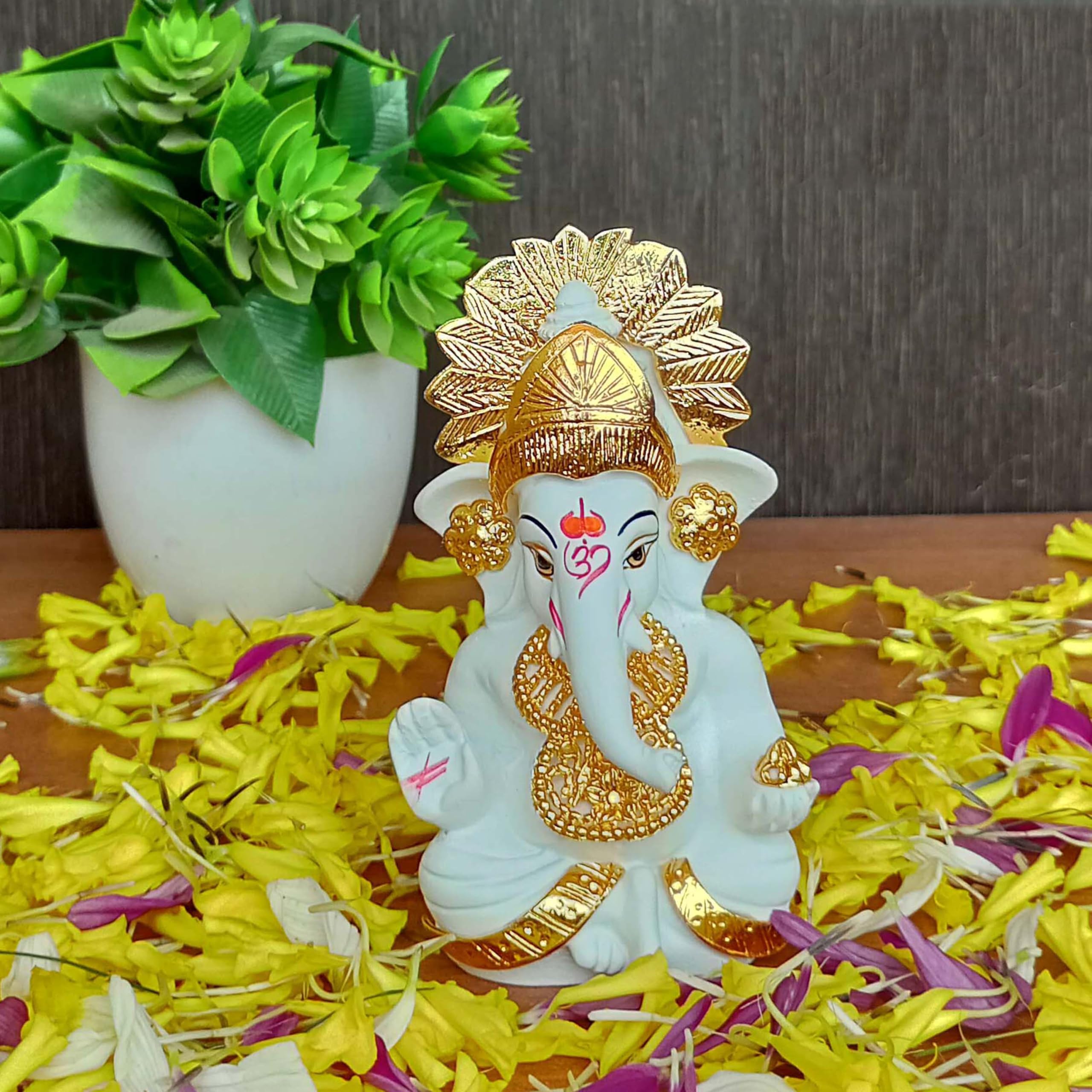 24K Gold Plated Jewellery White Lord Ganesha In Gold Crown, | Idol For Car Dashboard | Decorative Showpiece For Gifting | Ganesh