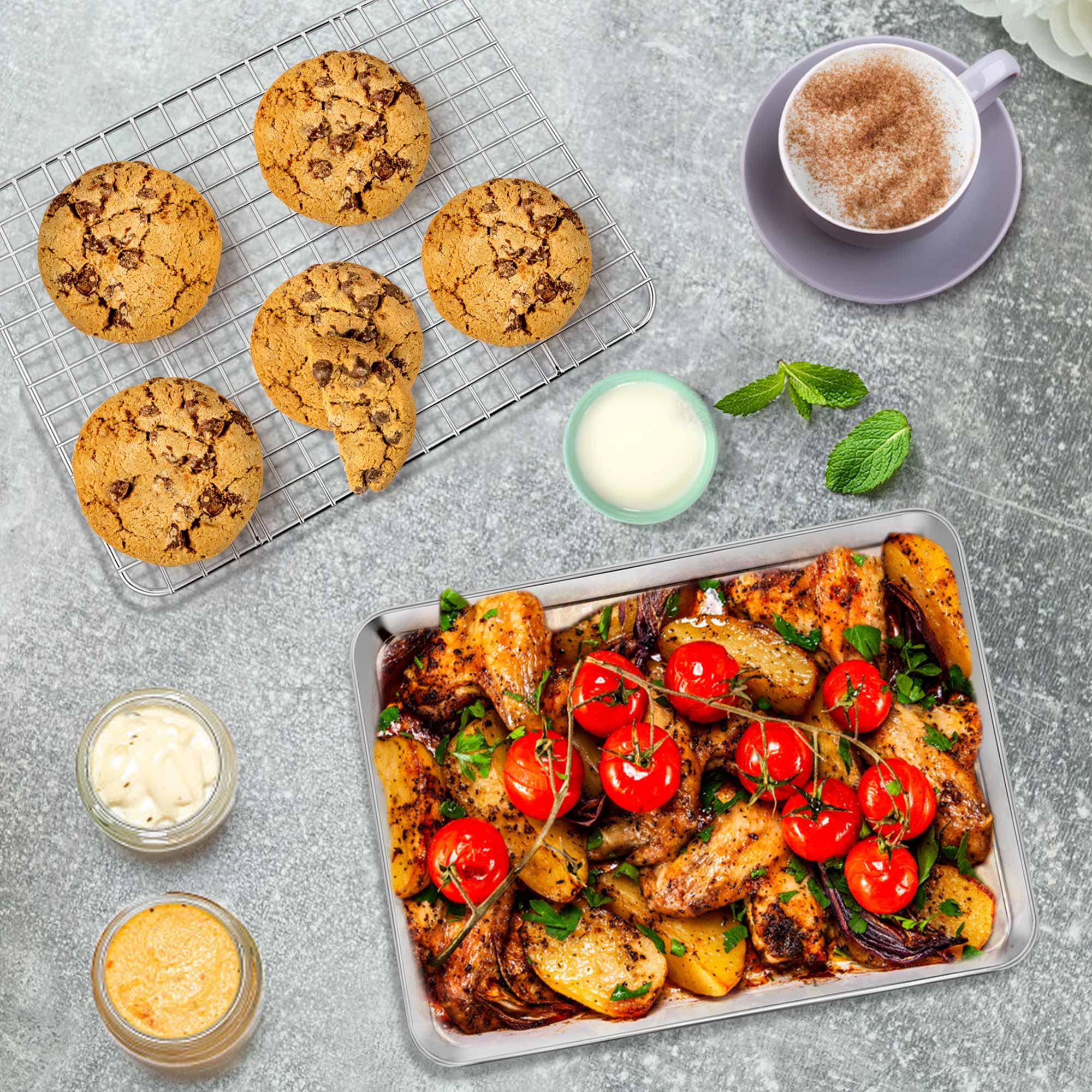 10.4 Inch Toaster Oven Pan With Rack Set, P&P Chef Stainless Steel Small Baking Pan Tray And Grid Cooling Rack For Cooking/Roast