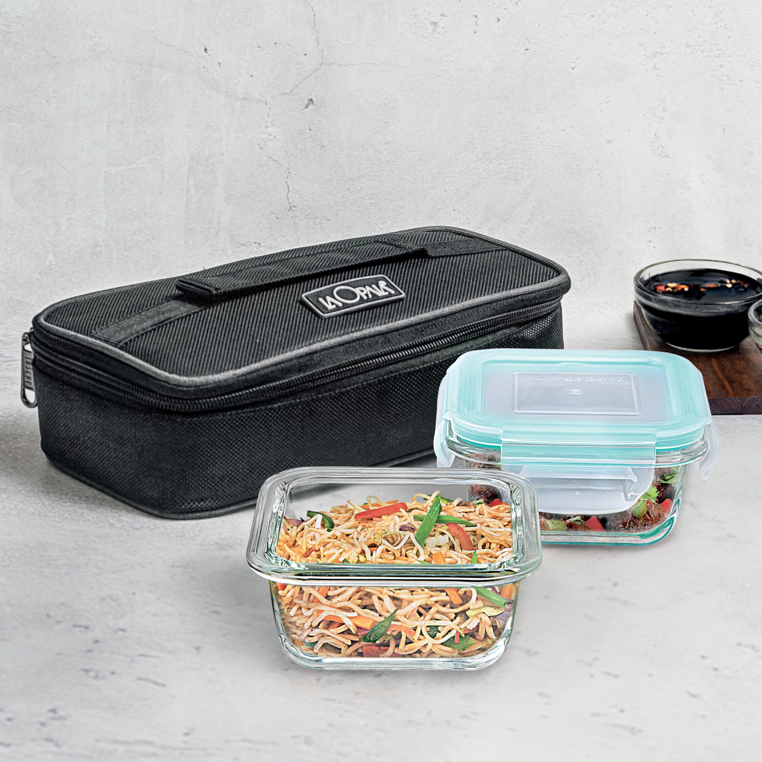 La Opala Cook Serve Store 100% Borosilicate Glass Horizontal Lunch Box With Bag | Set Of 2, 320 Ml Each, Square | With Leak Proo