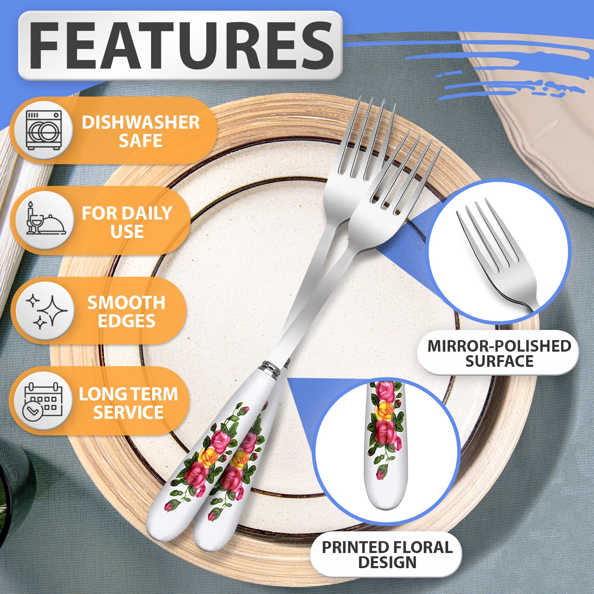 6Pcs Dinner Stainless Steel Forks Silverware - Dinner Fork With Ceramic Handle Stainless Steel Cutlery Forks Set - Dessert Forks