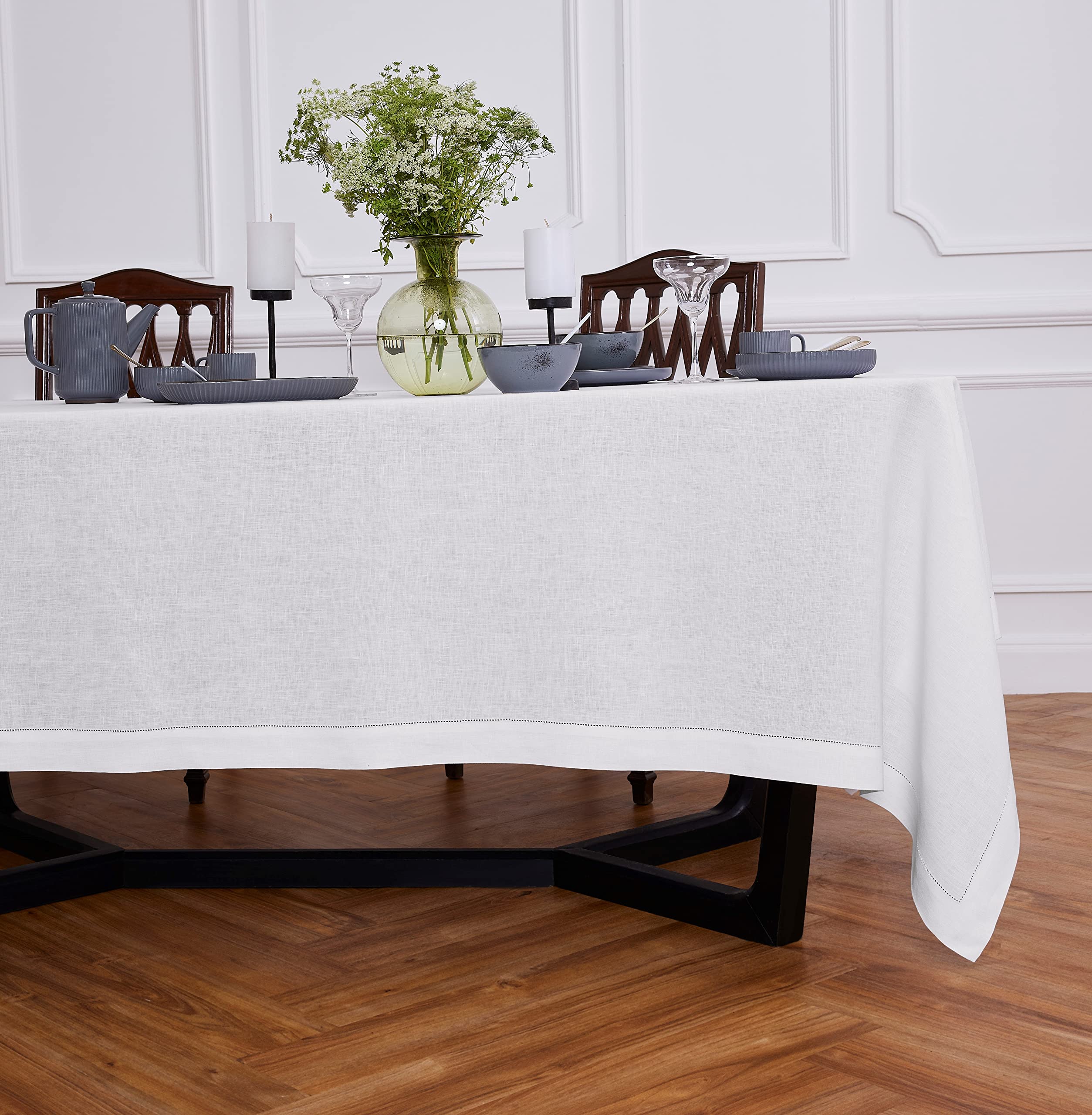 Solino Home White Linen Tablecloth 108'' L X 70'' W Inch - Sonoma Hemstitch 100% Pure Linen Prewashed Table Cloth For Rectangle