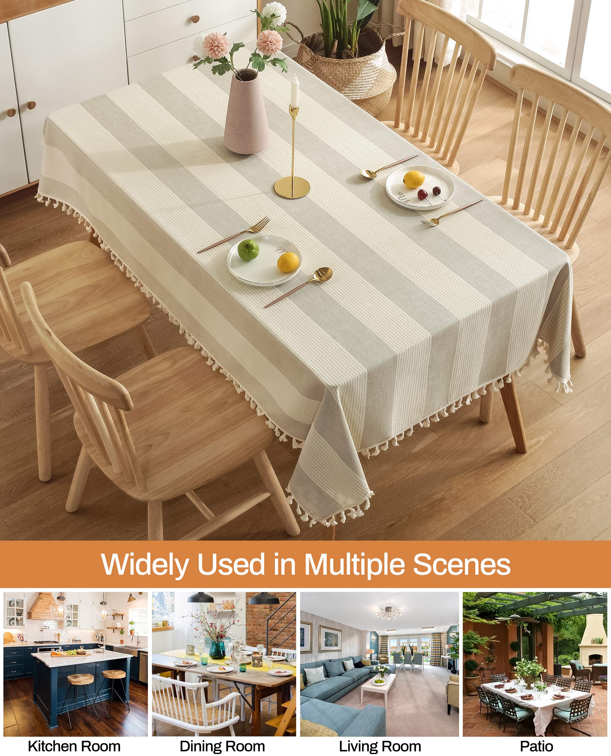 AmHoo Stitching Tassel Tablecloth Striped Table Cloth Rectangle Cotton Linen Dust-Proof Table Cover for Kitchen Dinning 54 x 86 Inch Beige