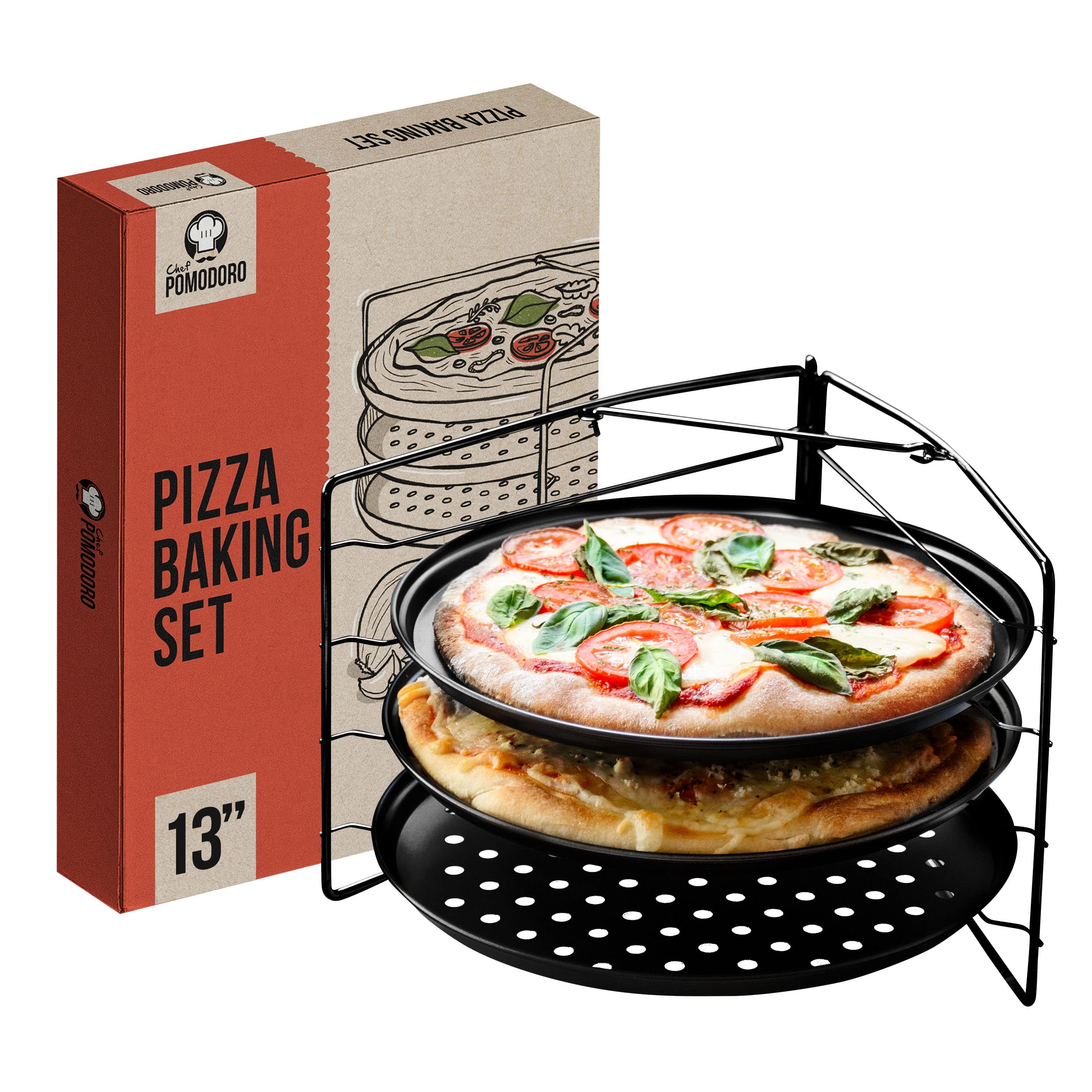 Chef Pomodoro Pizza Baking Set With 3 Pizza Pans & Pizza Rack, 13-Inch, Non-Stick Pizza Stand & Pizza Tray For Oven, Grill, Pizz