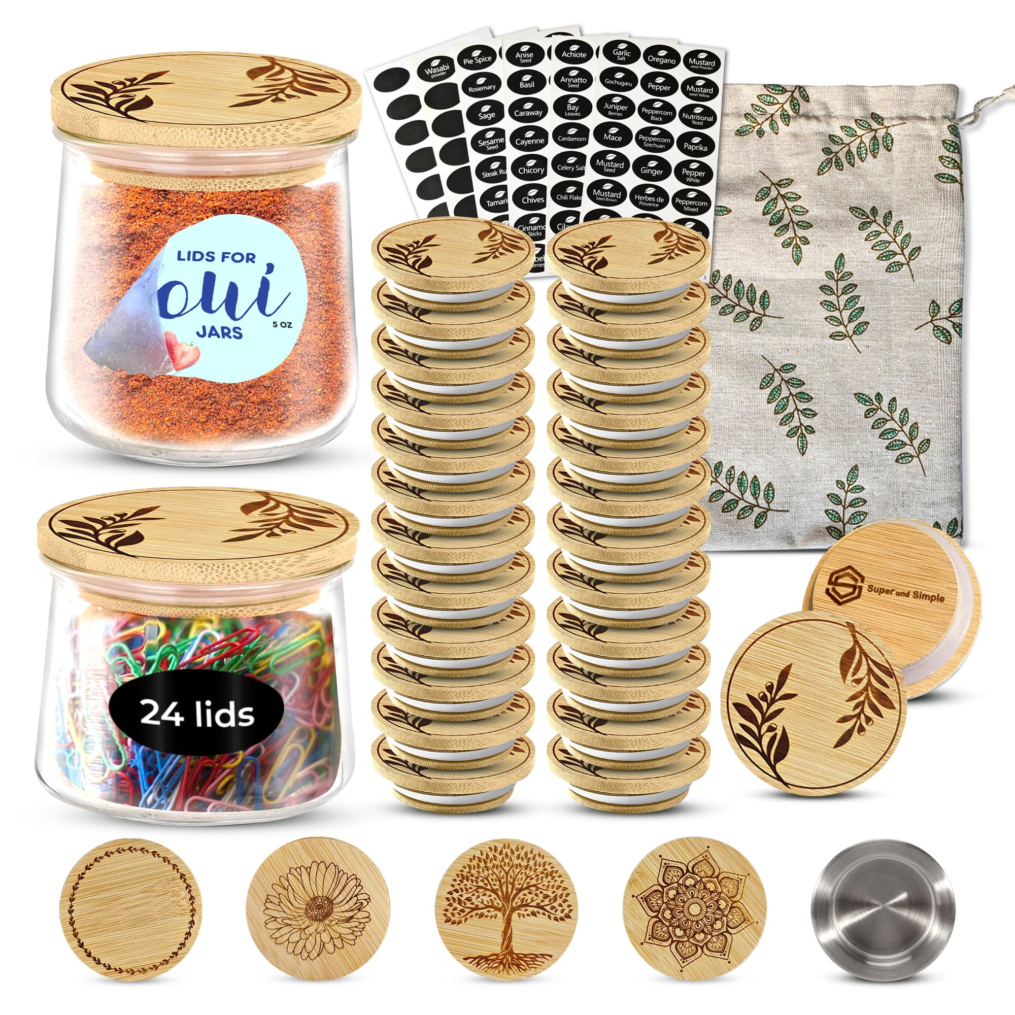 4-24 Lids With Olive Branches Design Or Choose Another Design | Reusable Bamboo Wood Lids For Yoplait Oui Yogurt Jars With Air-T