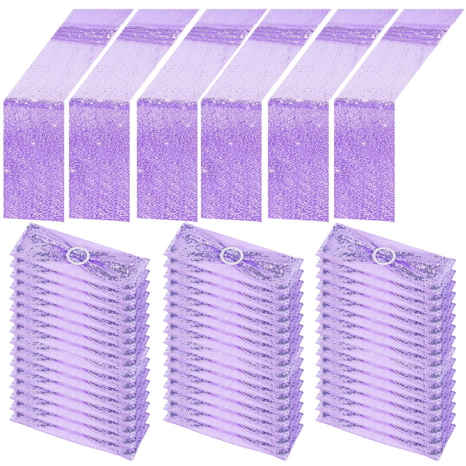 Newwiee 54 Pcs Rose Purple Sequin Chair Sashes and Table Runners, 48 Sequin Chair Bows, 6 Glitter Table Runners for Birthday Par