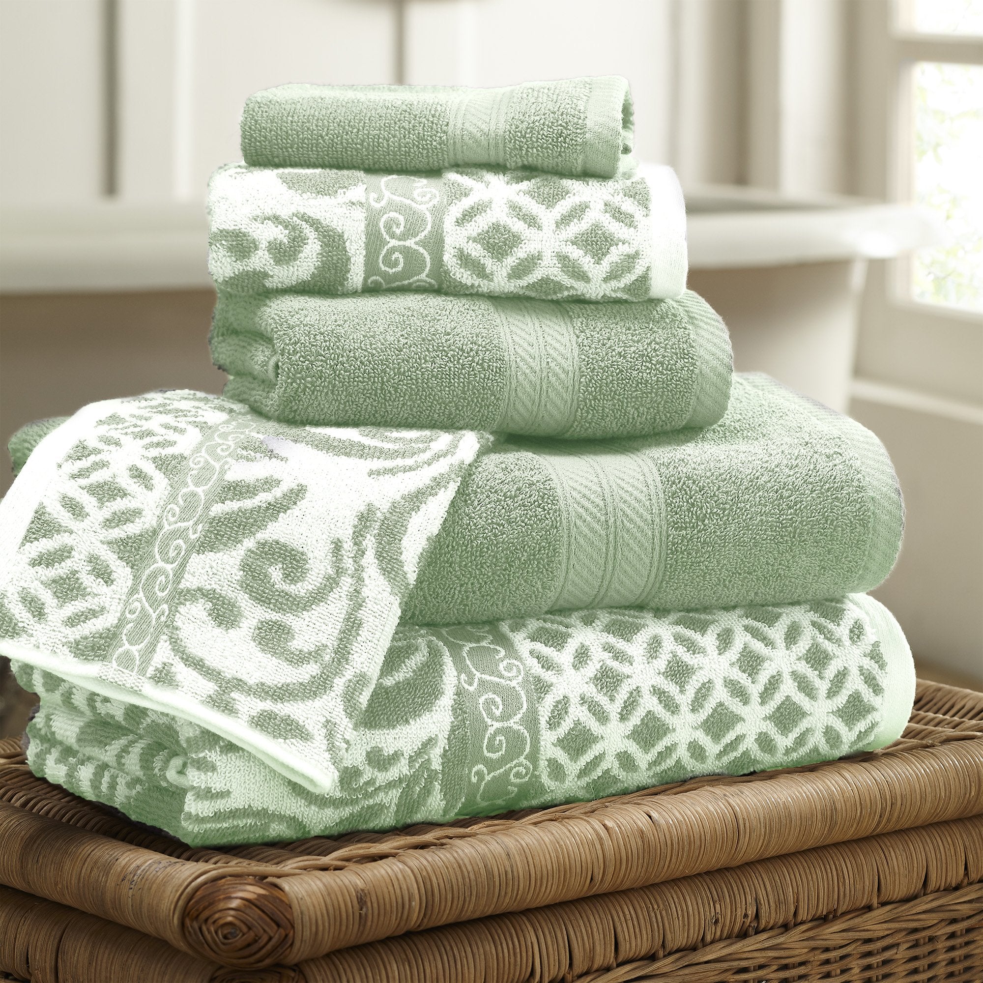 Modern Threads Trefoil Filigree 6-Piece Reversible Yarn Dyed Jacquard Towel Set - Bath Towels, Hand Towels, & Washcloths - Super