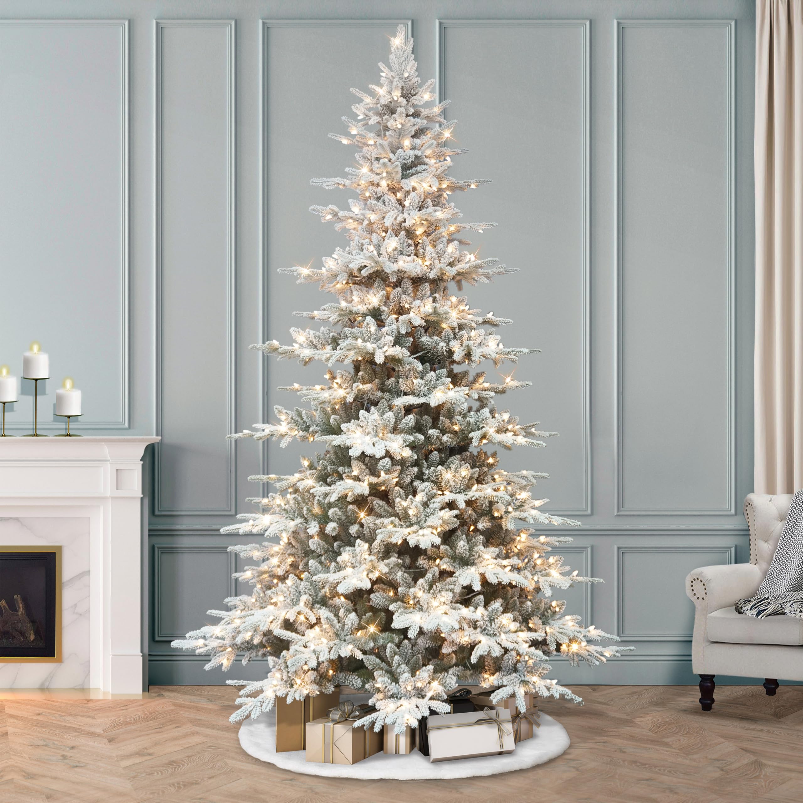 9 ft Pre-lit Flocked Utah Fir Tree, 3077 PE/PVC Tips, 800 UL Clear Incandescent Lights