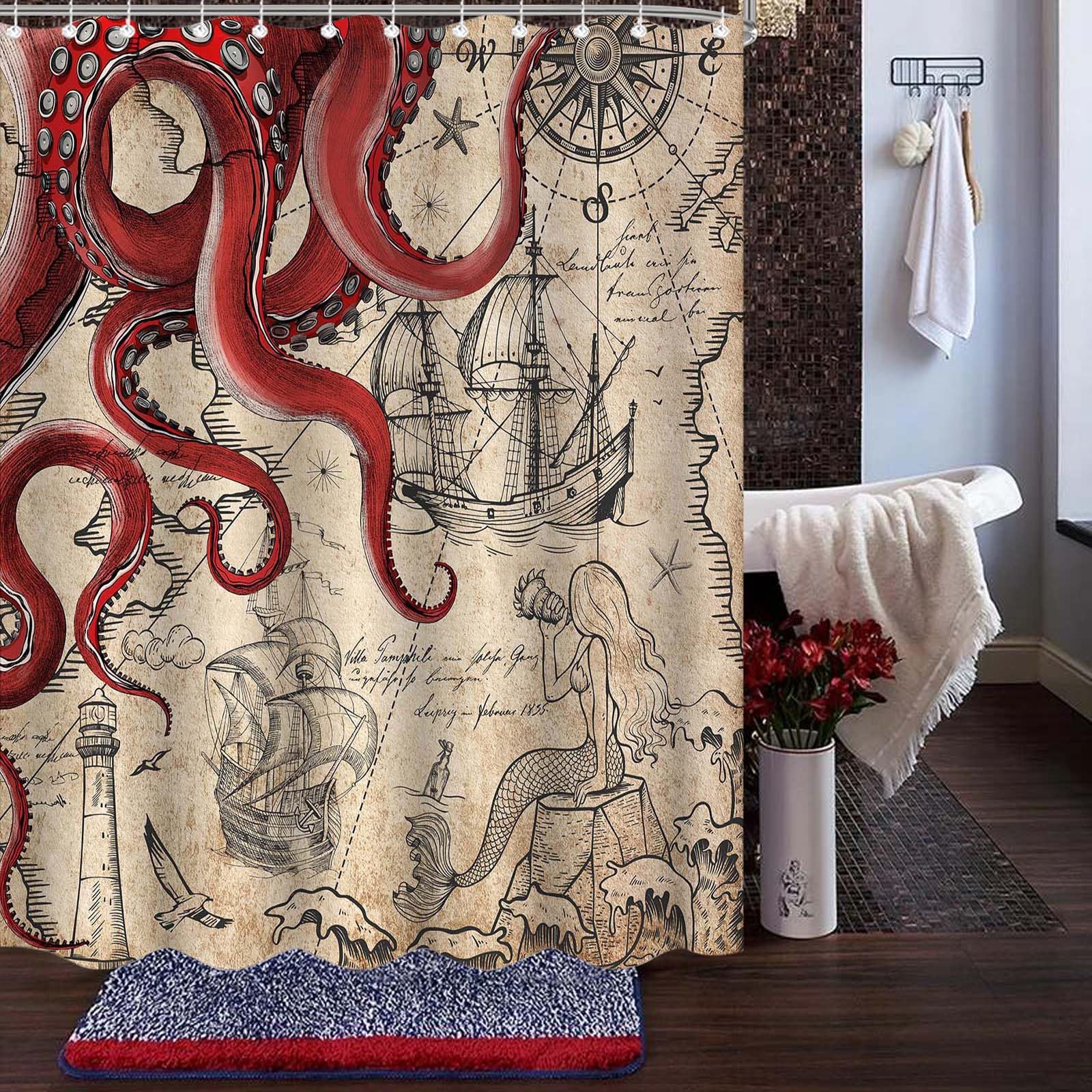 Fungarth 84 Inch Extra Long Vintage Red Nautical Octopus Shower Curtain Mermaid Funny Ocean Kraken Shower Curtains For Bathroom