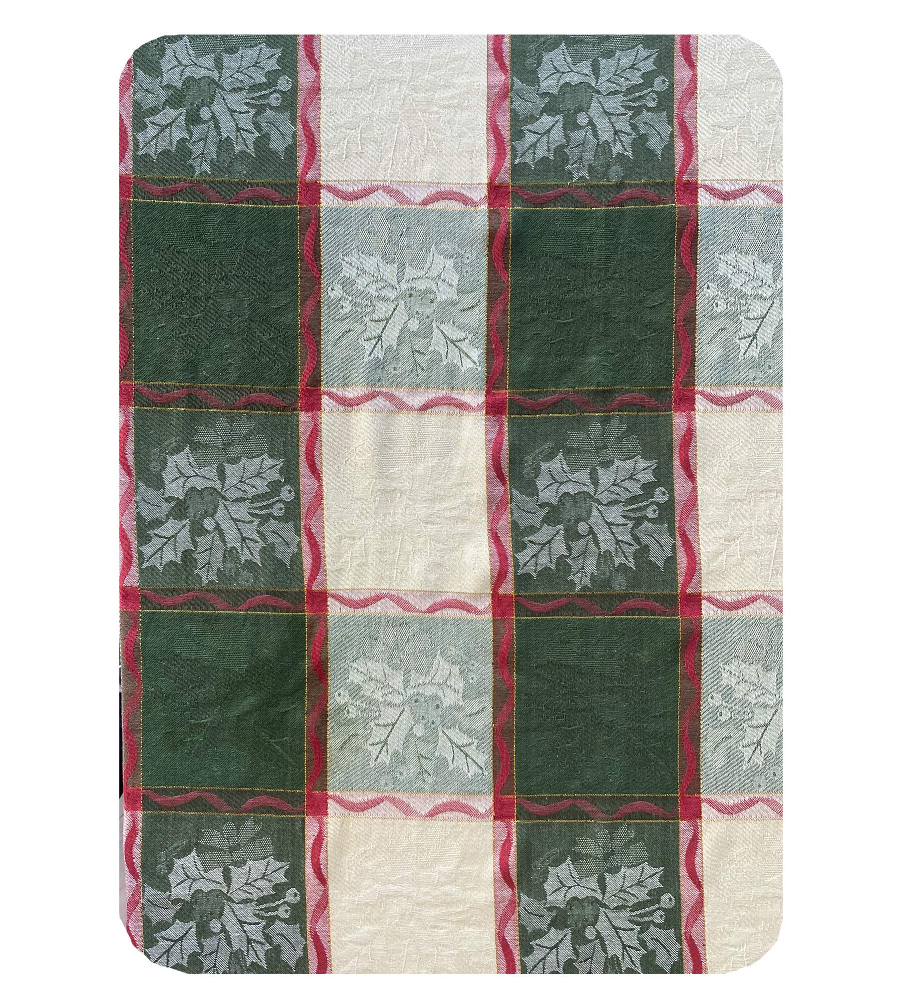 Lintex Golden Mistletoe And Ribbon Cotton Jacquard Christmas Fabric Tablecloth, Evergreen, Red Ribbon And Berry Woven Holiday An
