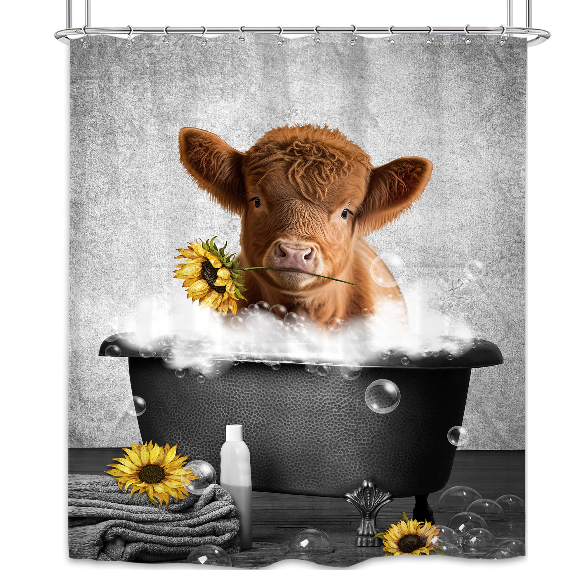 Cinbloo Farmhouse Grey Highland Cow Shower Curtain 60Wx72H Country Western Cute Cattle Bathroom Curtain Funny Calf With Sunflowe