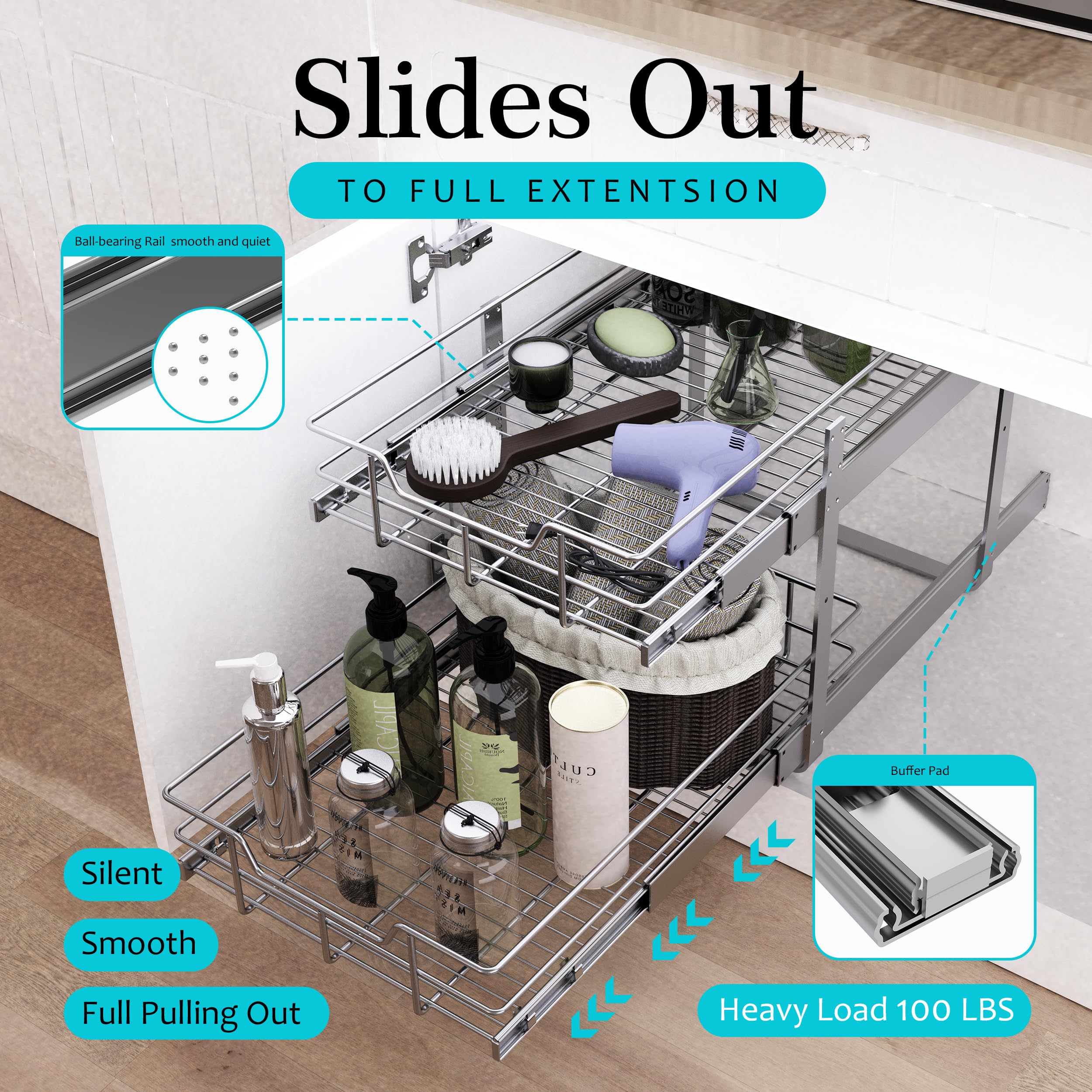 2 Tier Pull Out Cabinet Organizer 11'' W X 22'' D, Slide Out Drawers For Kitchen Cabinets, Pull Out Drawers For Cabinets Capacit