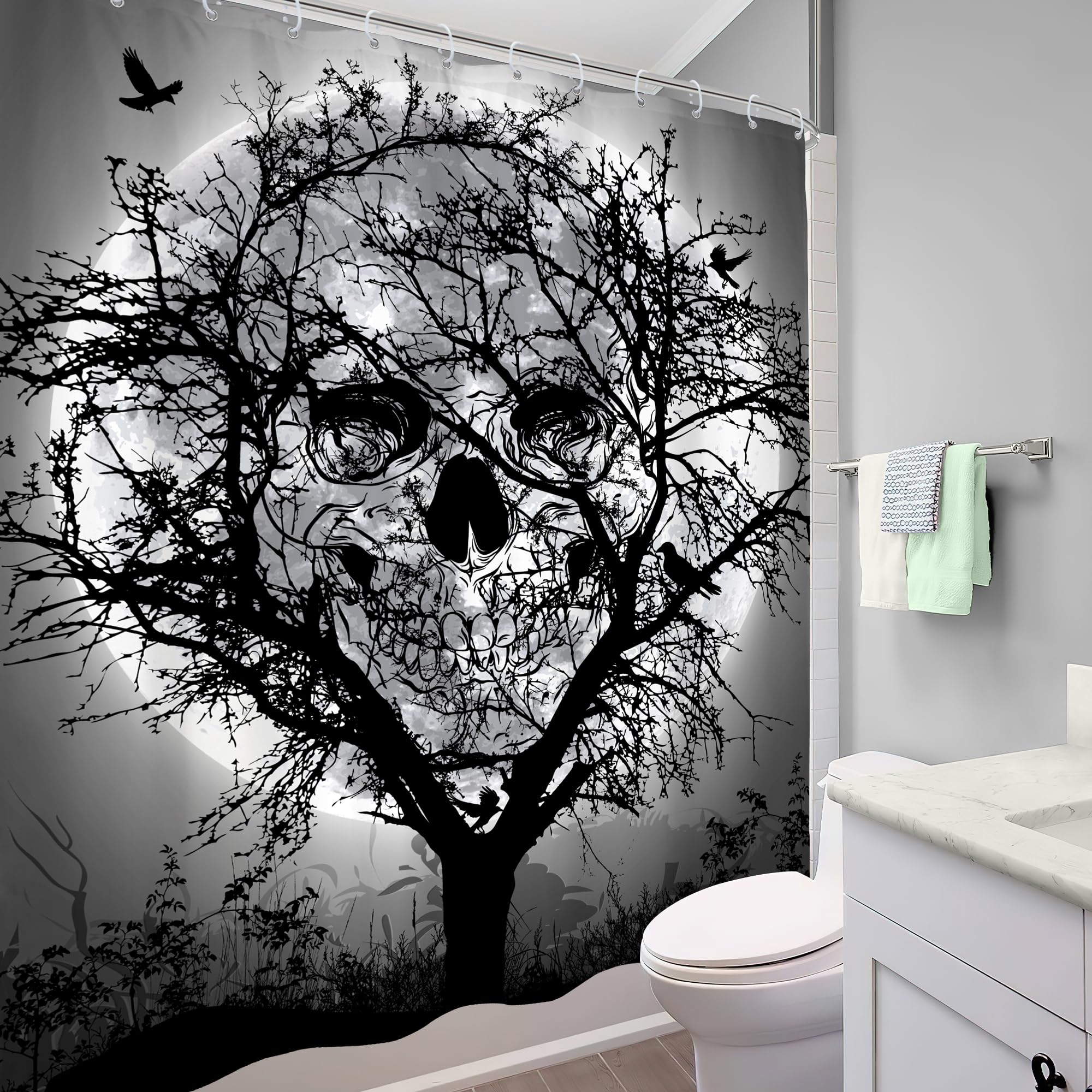 Mitpok Gothic Sugar Skull Shower Curtain 60Wx72H Spooky Skeleton Abstract Bone Cool Witchy Moon Scary Black Trees Bird Woodland