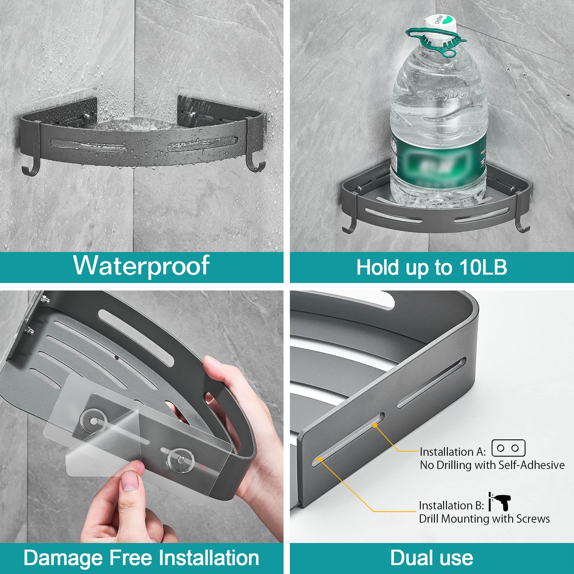 Hoomtaook 2-Tier Corner Shower Shelf No Drilling Bathroom Shelves Shower Caddies Adhesive Bath Corner Shelf Wall Mounted Bathroo