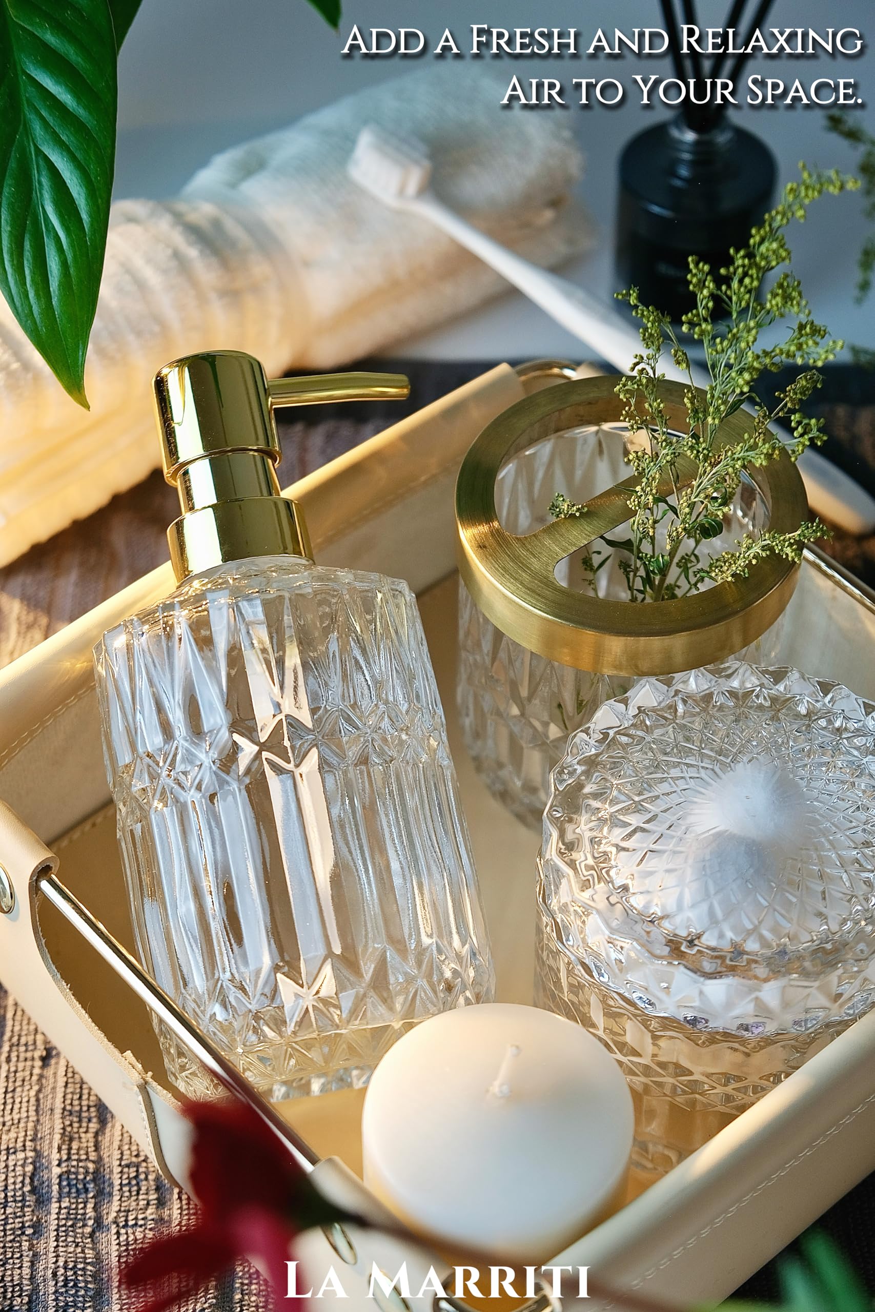 LaMarriti 5Pcs Clear Glass Bathroom Accessories Complete Set  Lotion Dispenser  Soap Dish  Tumbler  Cotton Swab Jars  Toothbrush Holder Set  Christmas Bathroom Decor and Gift Set  Crystal Clear