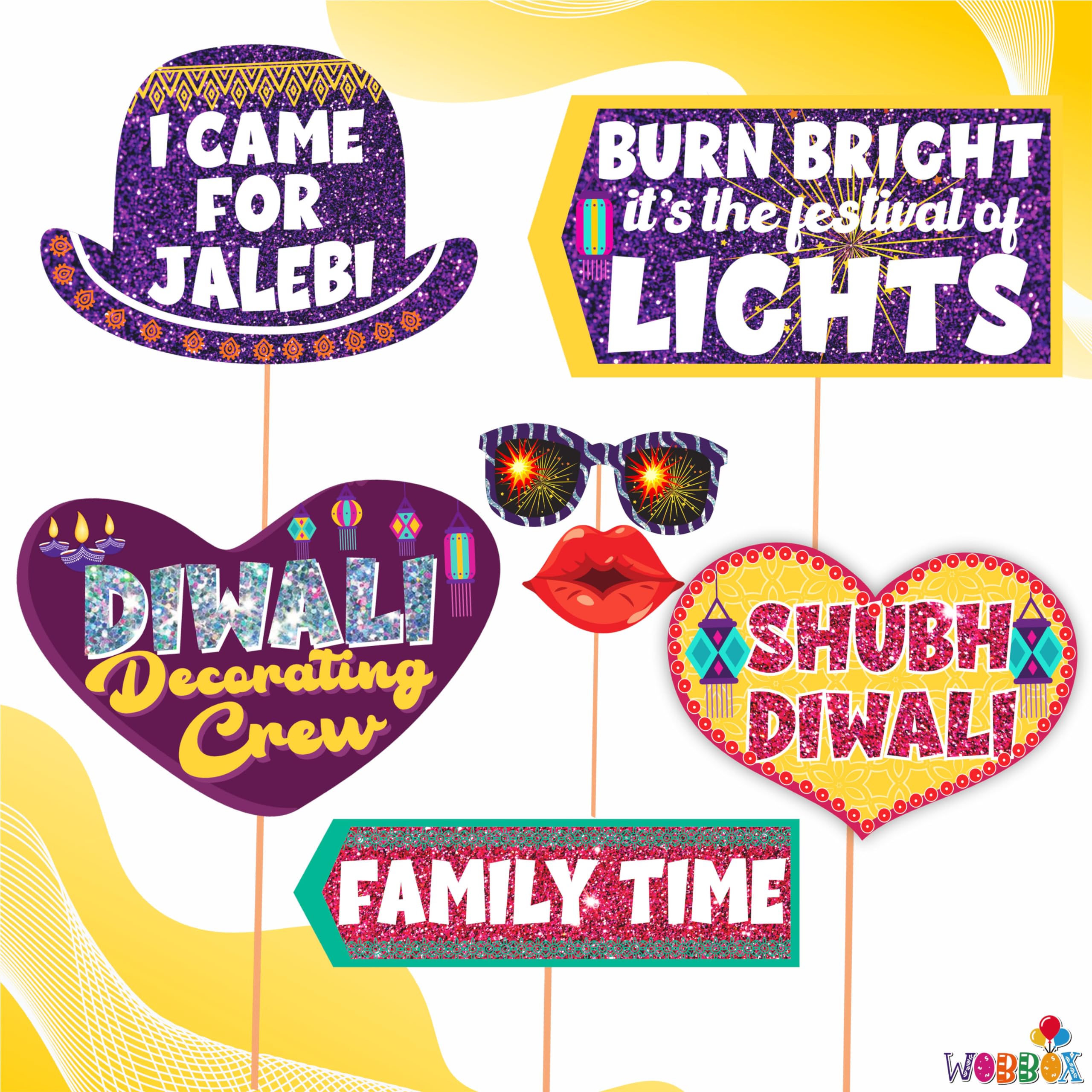 WOBBOX Diwali Decoration Happy Diwali Photo Booth Party Props, Yellow & Purple Colour, Diwali Decoration Item, Diwali Dcor Items