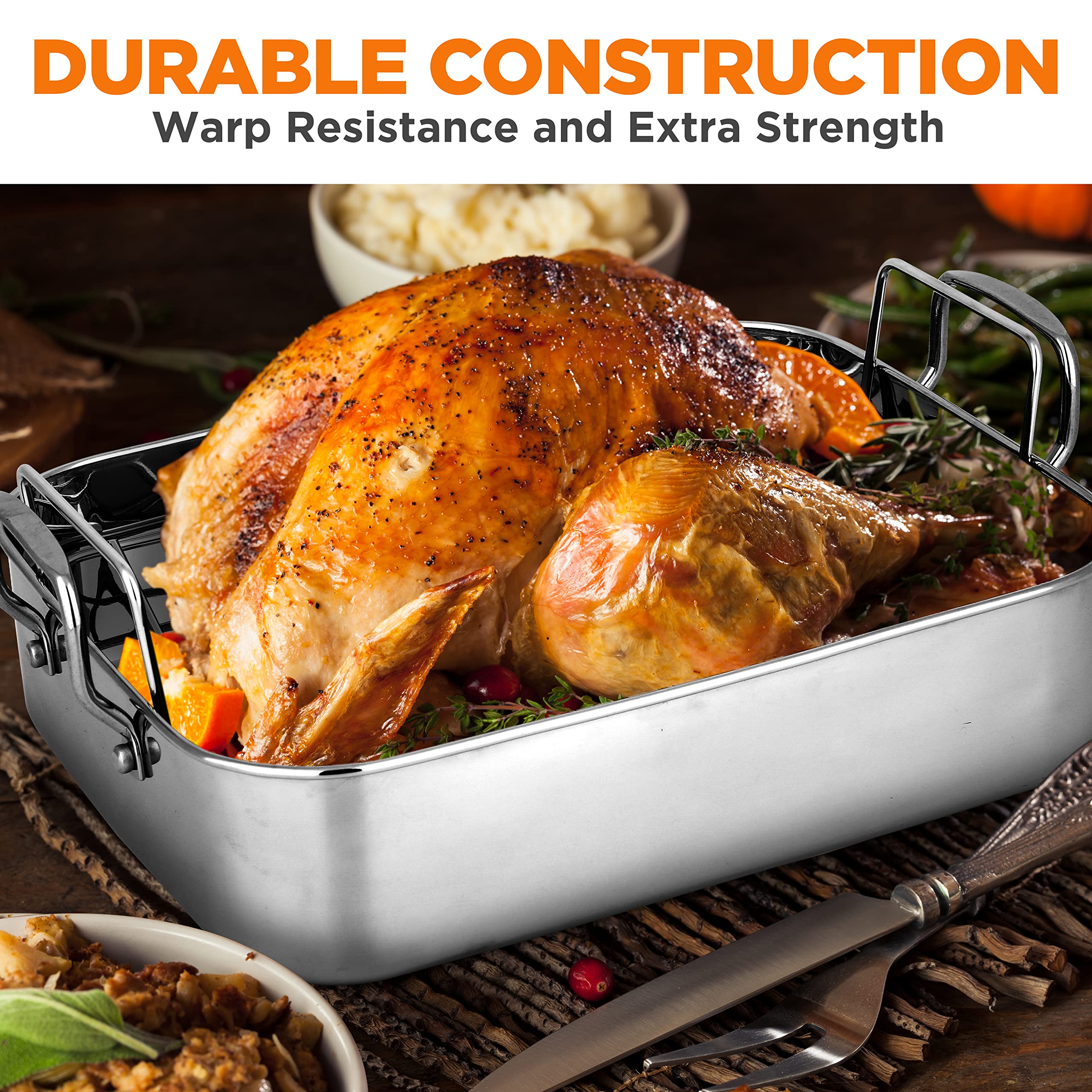 Nutrichef 14-Inch Stainless Steel Oven Roasting Pan With Polished Wire Rack - Kitchen Roaster Tray W/ Built-In Handles - Heavy D