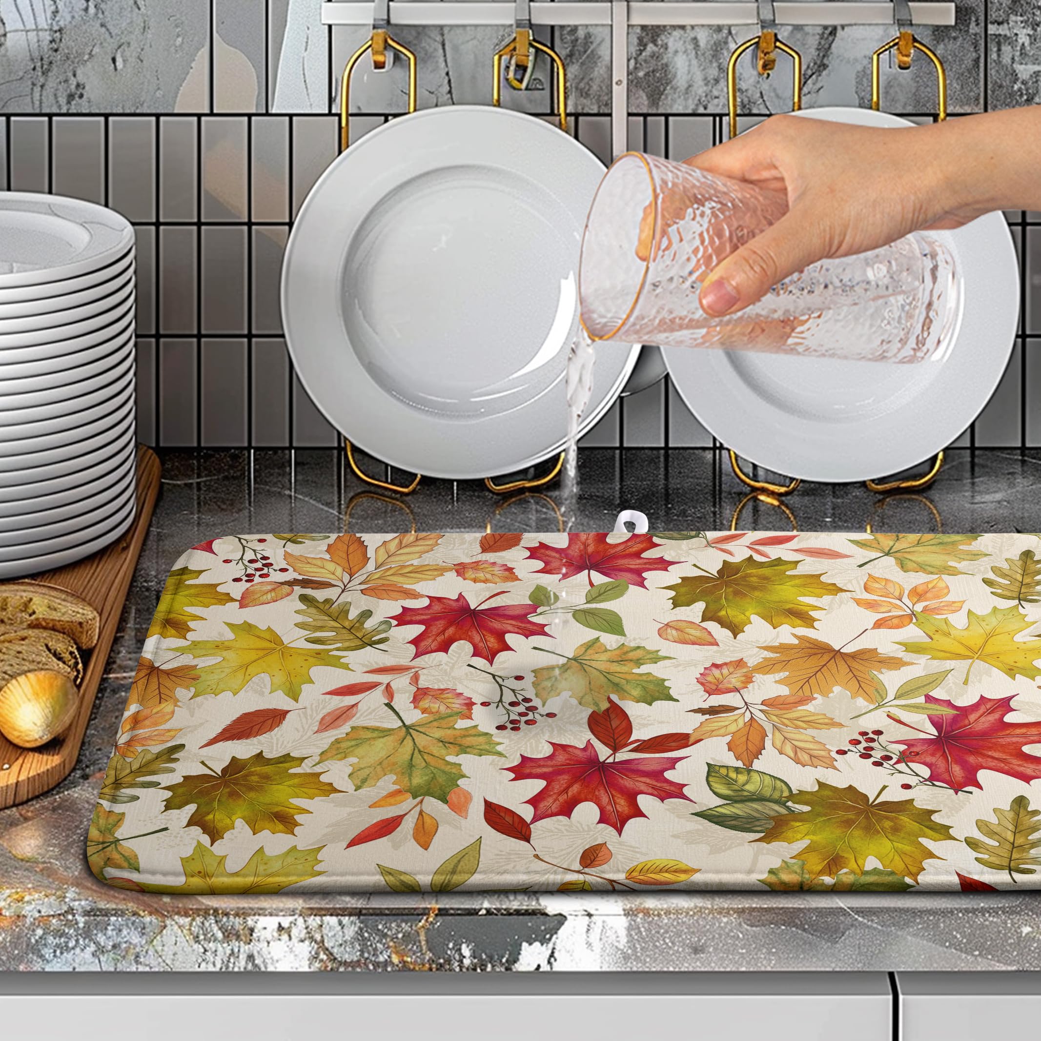 Wnoesat Fall Maple Leaves Dish Drying Mat for Kitchen Counter 18 x 24 Inch Autumn Thanksgiving Absorbent Reversible Microfiber D