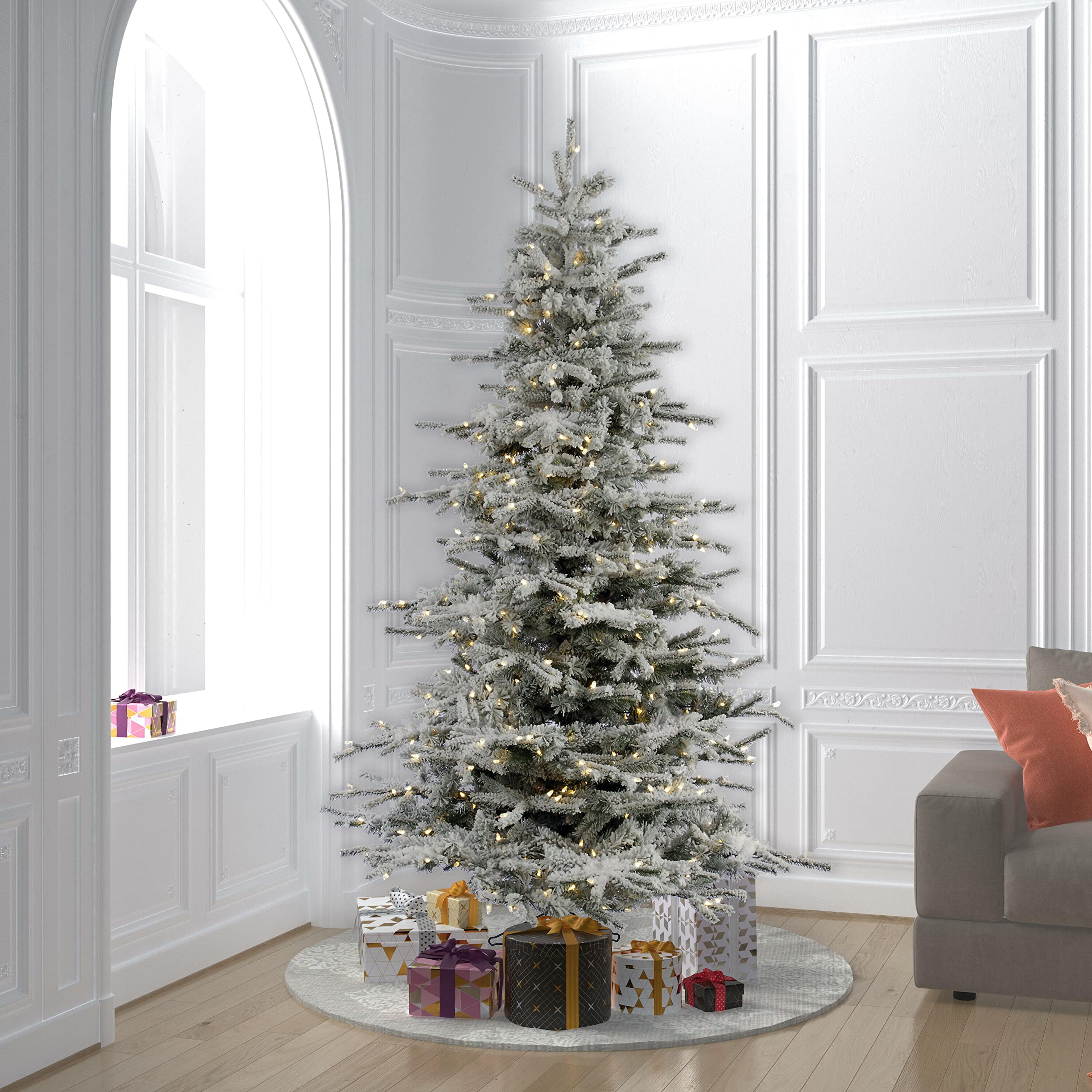 Vickerman 7.5' Flocked Sierra Fir Artificial Christmas Tree, Pure White LED Dura-Lit Lights - Lifelike Indoor Seasonal Home Deco