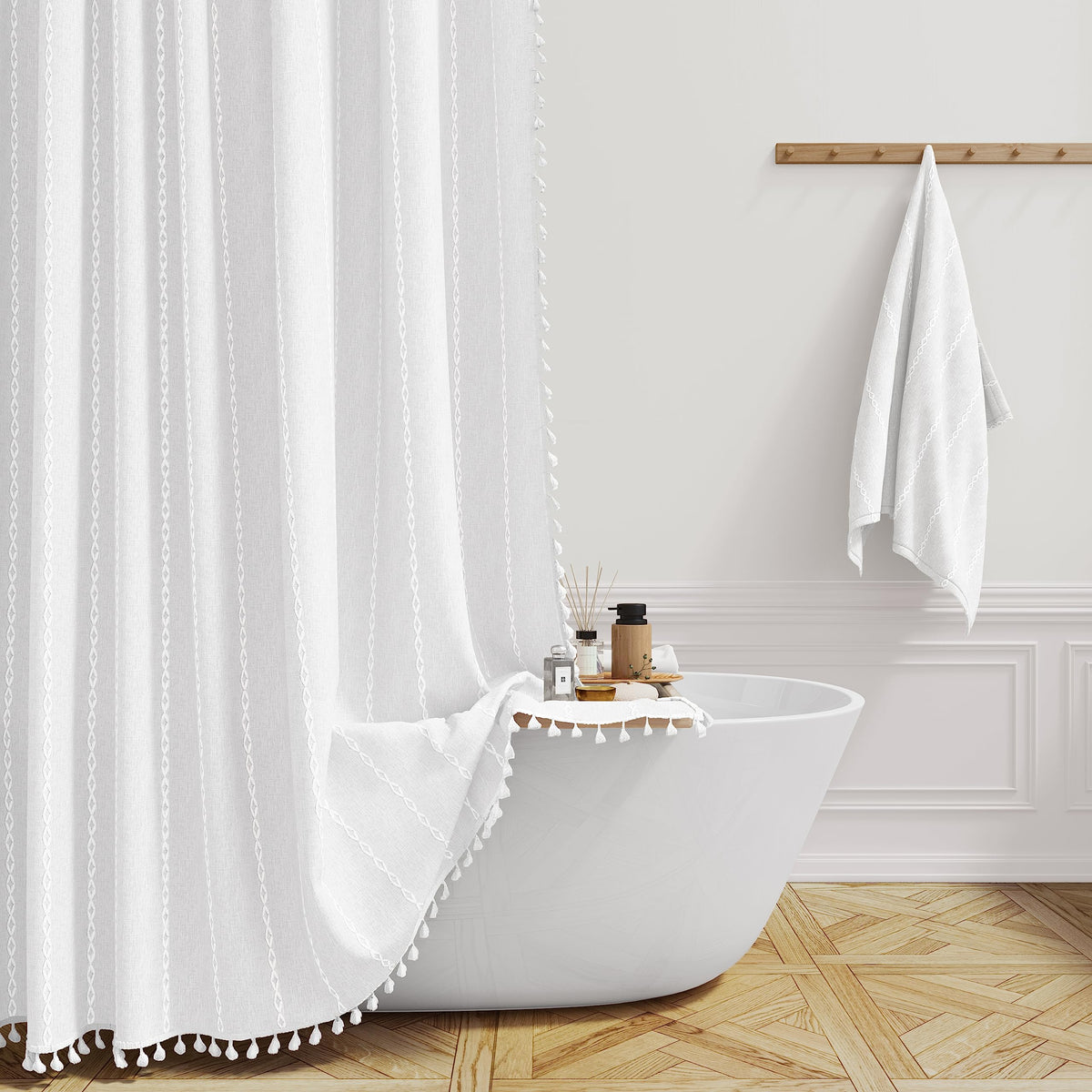 Bttn White Farmhouse Shower Curtain, Boho Linen Striped Heavy Duty Fabric Shower Curtain Set With Tassel, Bohemian Country Ultra