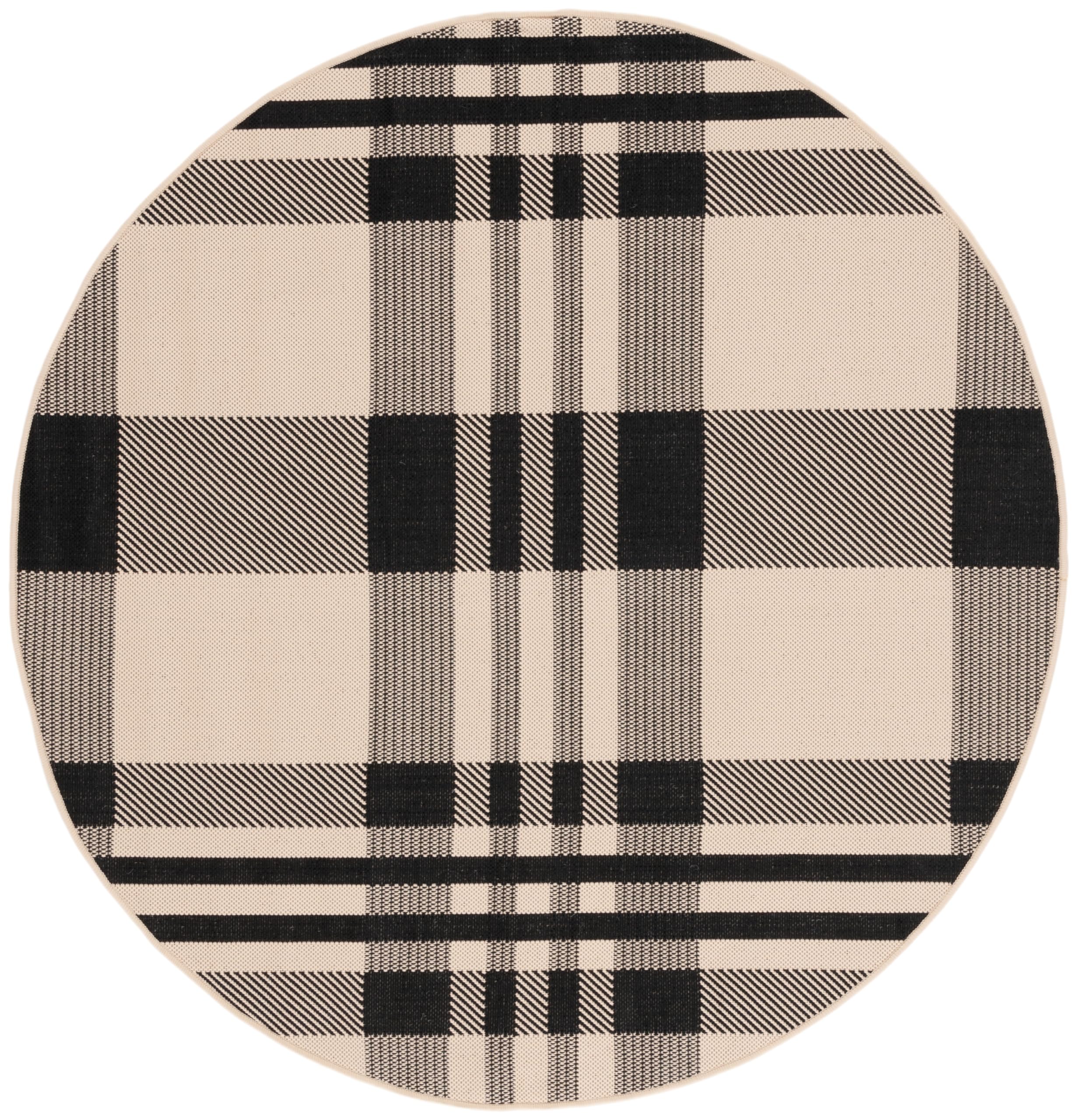 SAFAVIEH Courtyard Collection Area Rug - 53 Round, Black & Bone, Plaid Design, Non-Shedding & Easy Care, Indoor/Outdoor & Washa