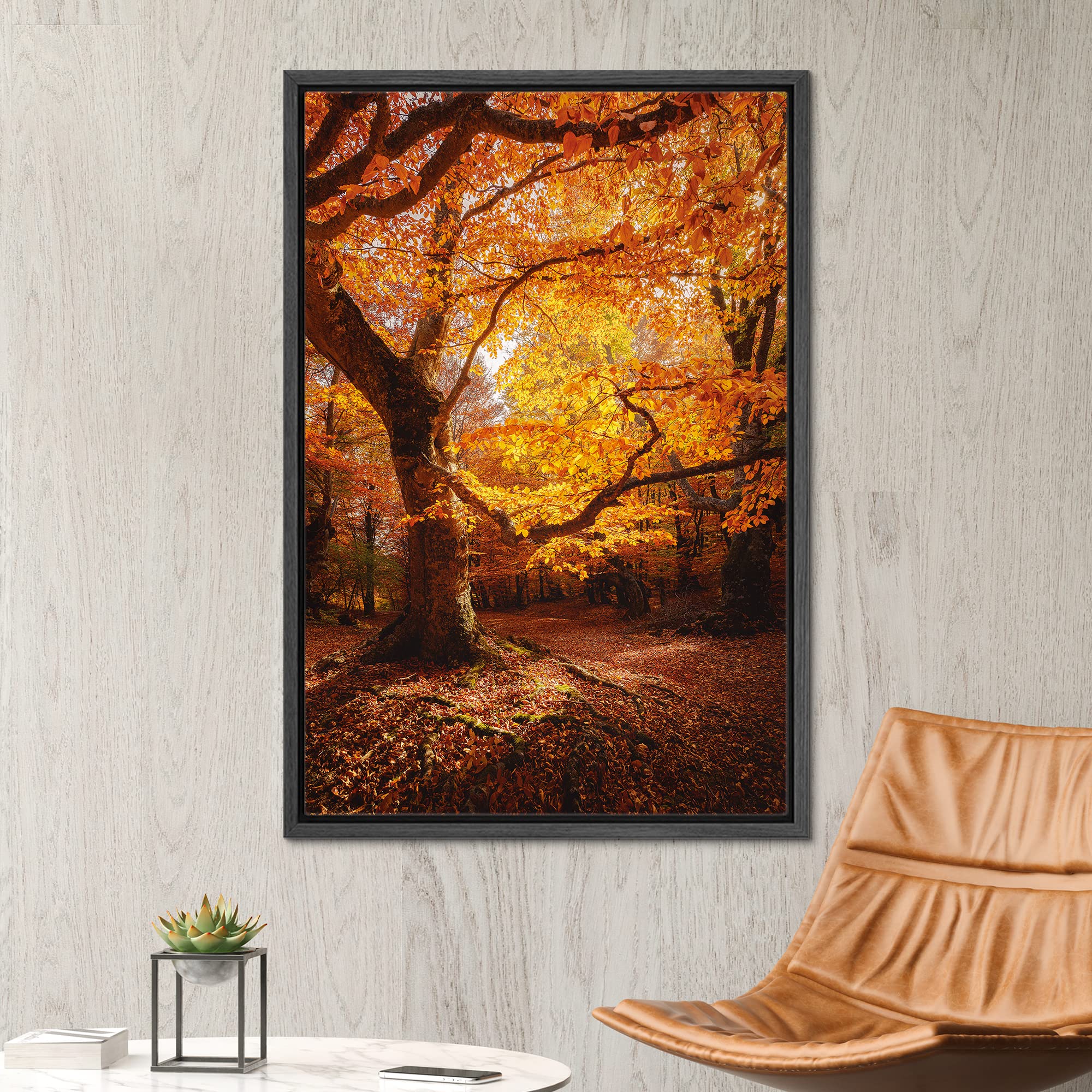 Signwin Framed Canvas Print Wall Art Autumn Red Leaf Oak Tree Forest Nature Wilderness Modern Art Farmhouse/Country Landscape Co