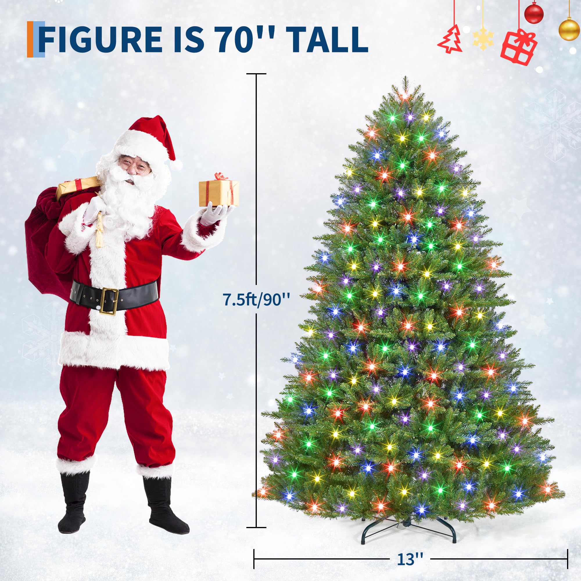 7.5FT Christmas Tree, Artificial Christmas Trees with 200 Lights, Prelit Christmas Tree with 8 Modes Lights, Foldable Stand, On/