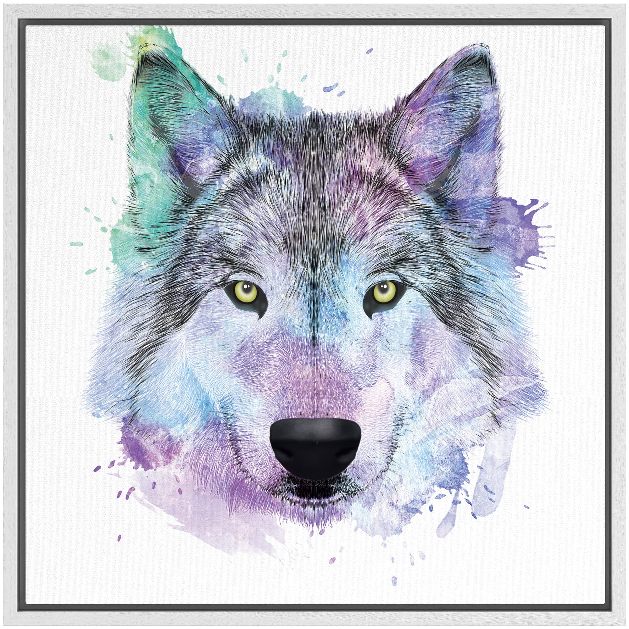 Wall26 - Fun And Colorful Splattered Watercolor Wolf - Framed Canvas Art Home Art - 16''X16'' White
