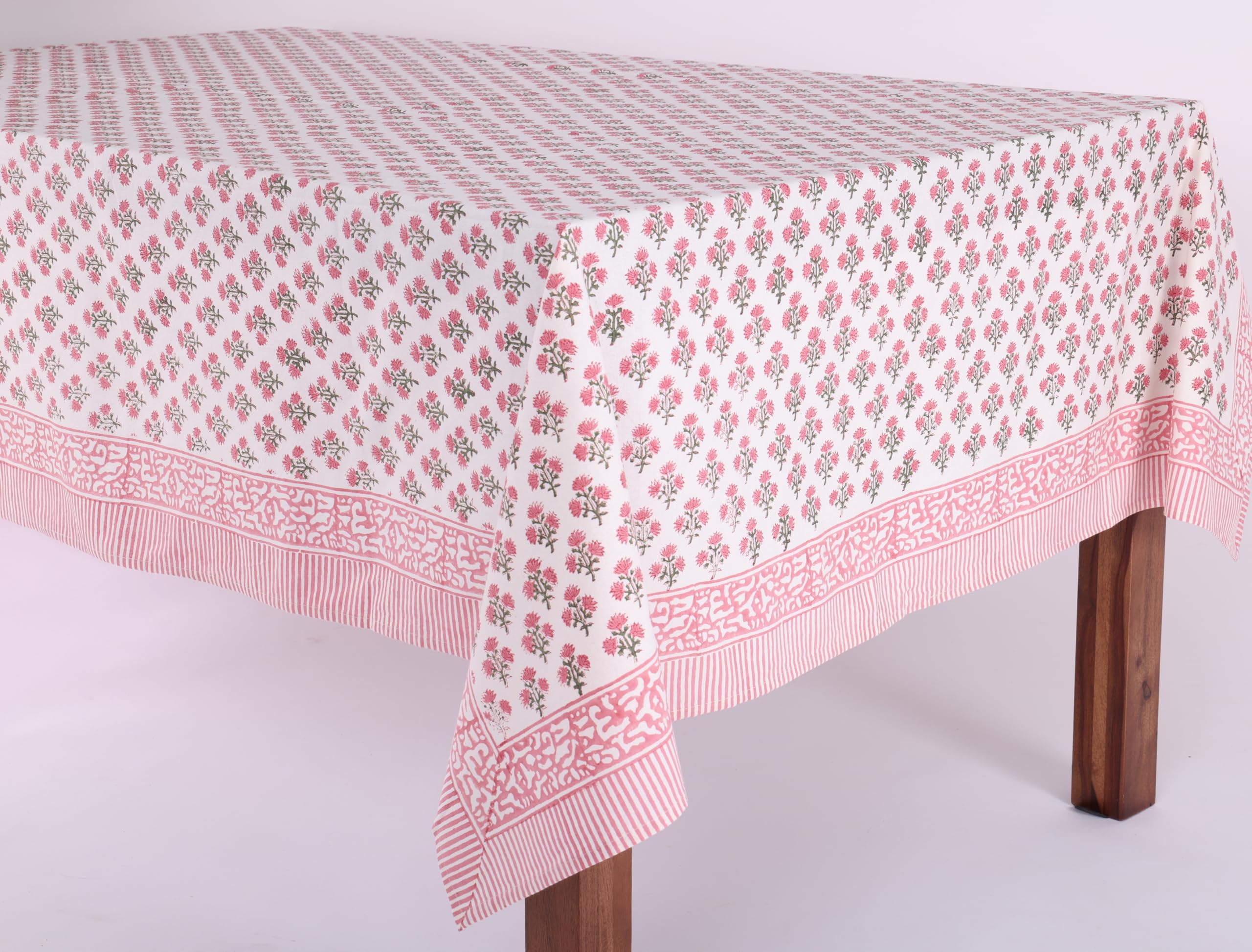 ATOSII Gulbahar White Pink 100% Cotton Fall Rectangle Tablecloth, Hand Block Print Washable Table Cover, Christmas Parties Buffe