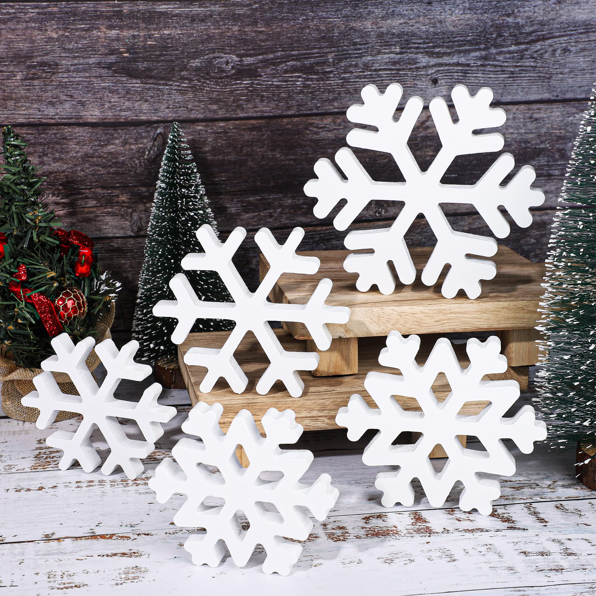 5 Pieces Christmas Wooden Snowflake Decor Winter Snowflake Wood Blocks White Snowflake Table Wood Signs Winter Tiered Tray Woode