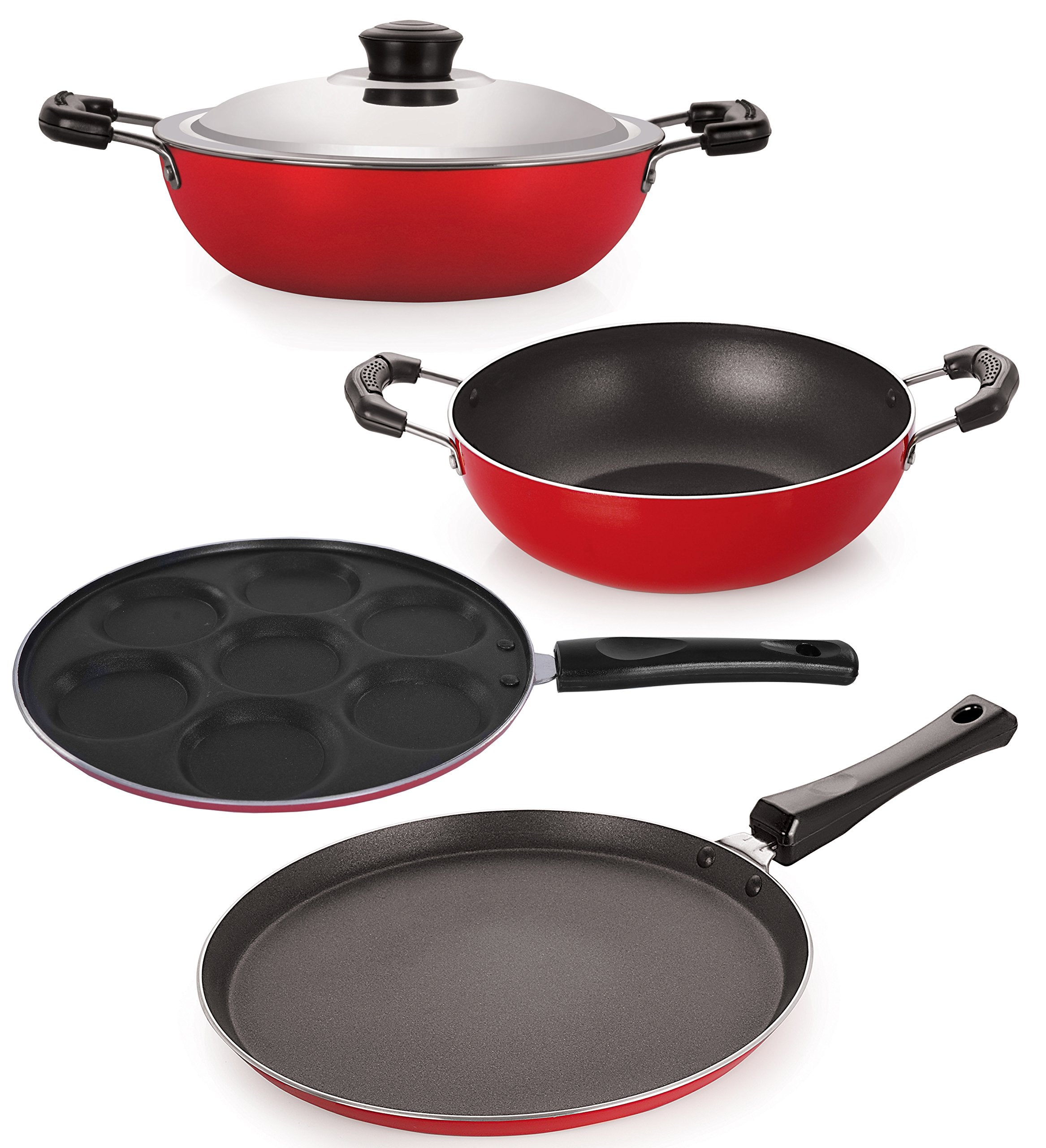 Nirlon NonStick Aluminium Cookware Set, 4Pieces, Red (26_Ft12_Kd14_Dkdm_Up)