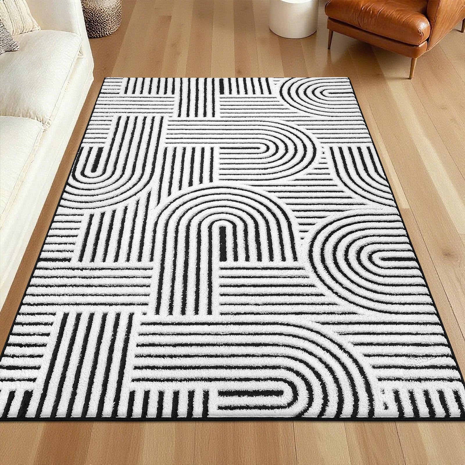 SHACOS Soft Cozy Fluffy Arch Pattern High Low Pile Rugs 3x5 Non Slip Washable Scandinavian Minimalist Rug Modern Geometric Arc