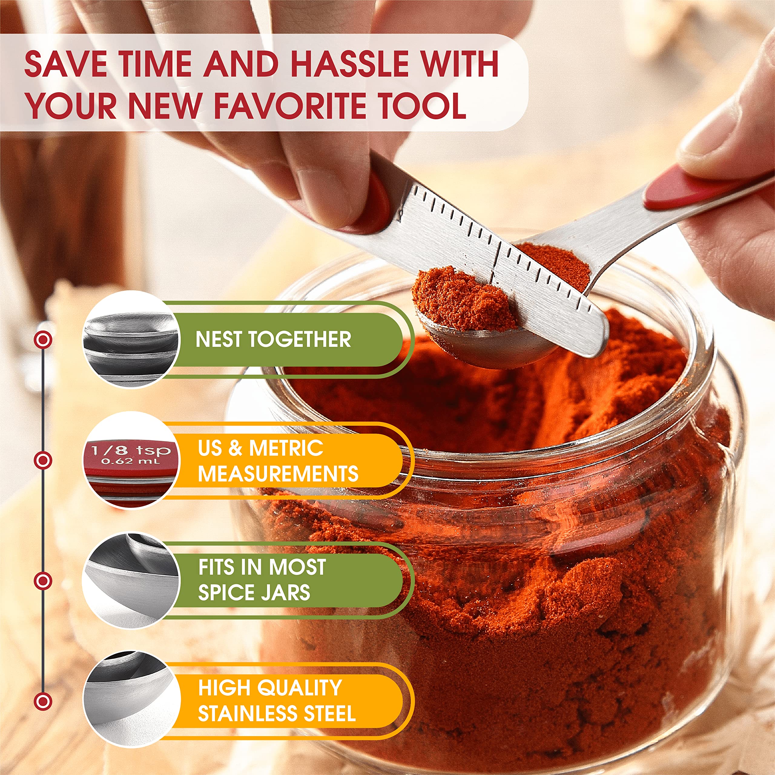 Spring Chef Magnetic Measuring Spoons Set, Dual Sided, Stainless Steel, Fits In Spice Jars, Red, Set Of 8