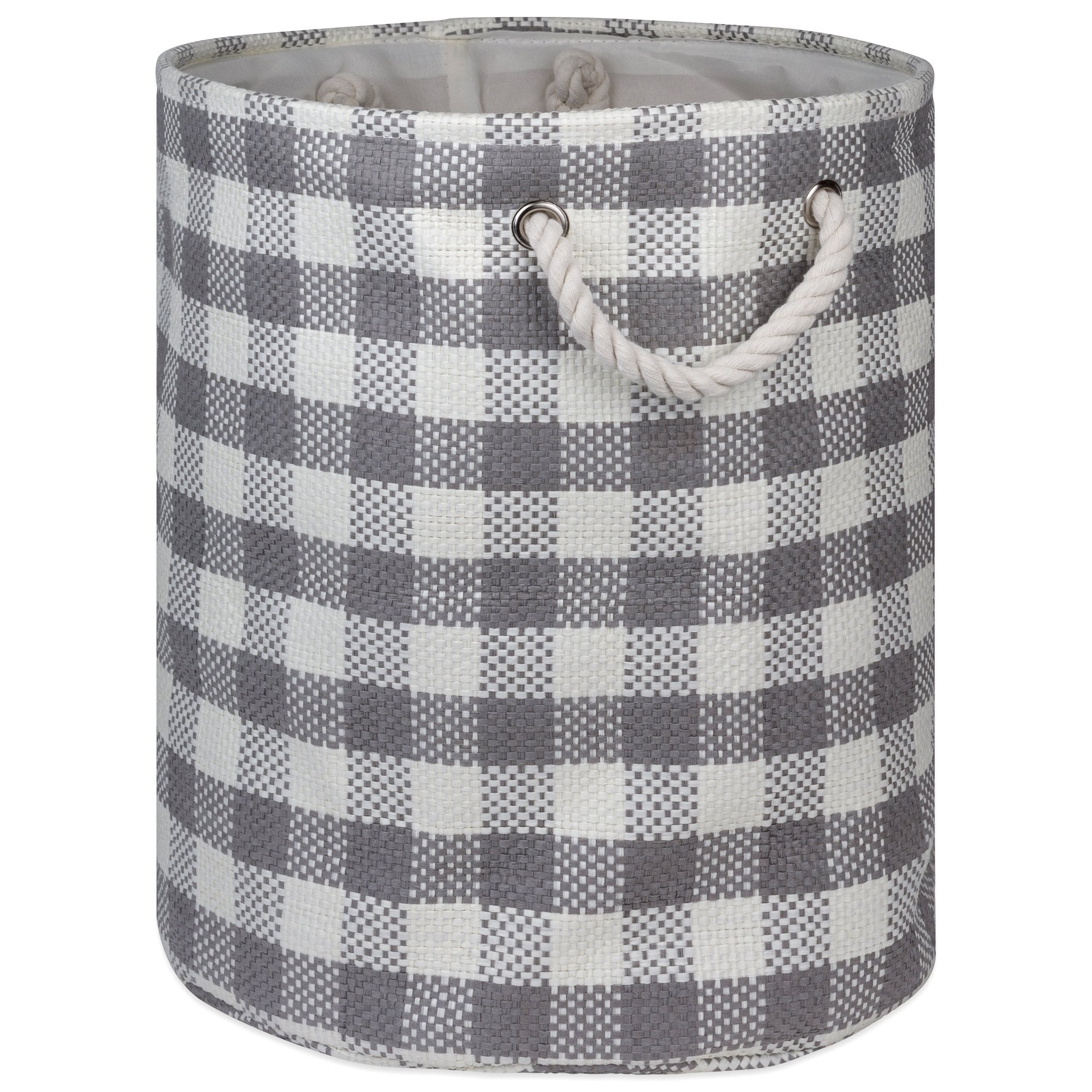 Dii Woven Paper Storage Bin, Checkers, Gray, Medium Round