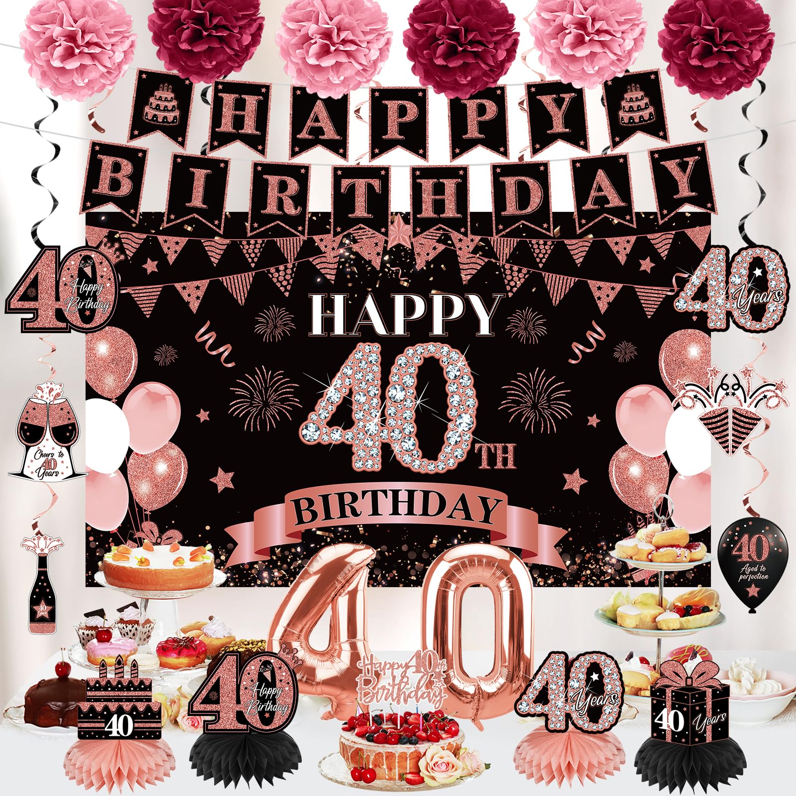 Eucutur 42Pcs 40Th Birthday Decoration Kit For Women, Rose Gold Happy 40Th Bday Banner Balloons Honeycomb Centerpiece Swirl Pape