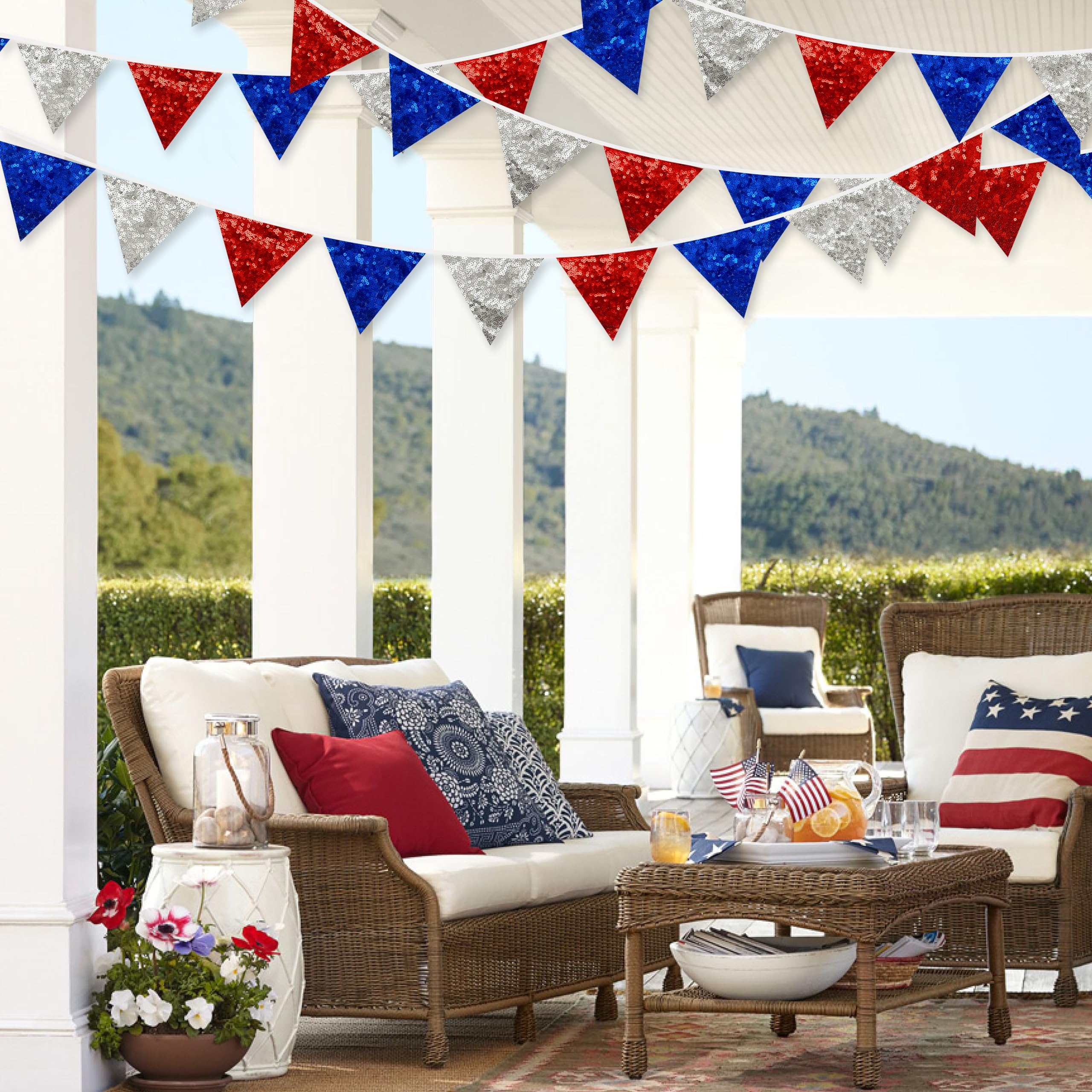 Pinkblume Red Blue Silver Decorations Double Sided Sequin Fabric Triangle Pennant Banner Flag Bunting Garland For Nursery Classr