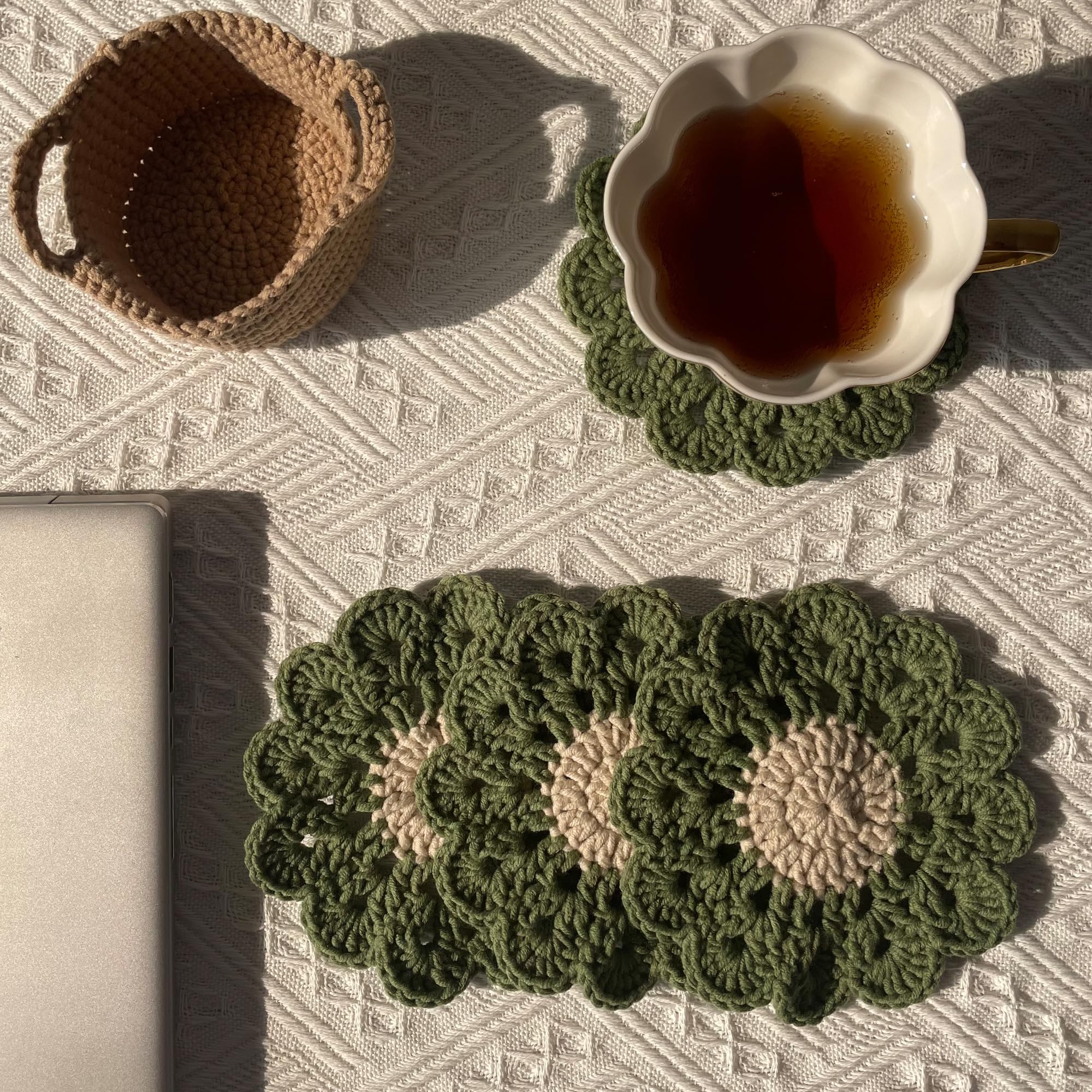 Dicha Crochet Leaf Pot Coasters-Container Beverage Coaster Sets With Holder Bar Coasters For Drinks Coffee Table Desk-Succulent
