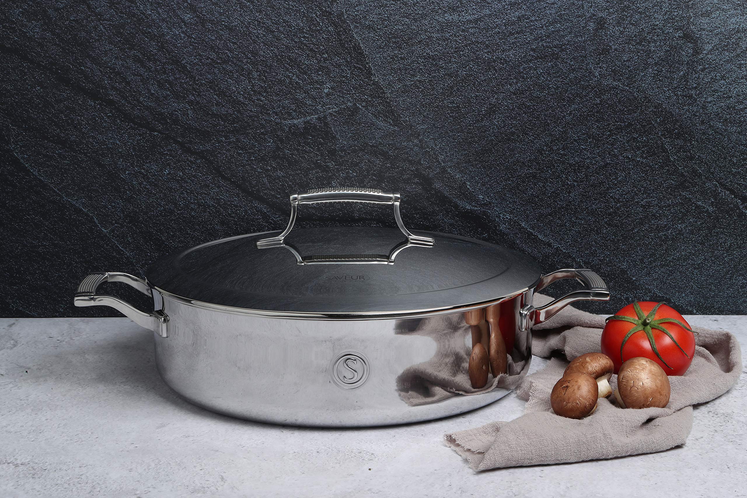 SAVEUR SELECTS Tri-ply Stainless Steel 5-Quart Sauteuse with Lid, Induction-ready, Dishwasher Safe, Voyage Series