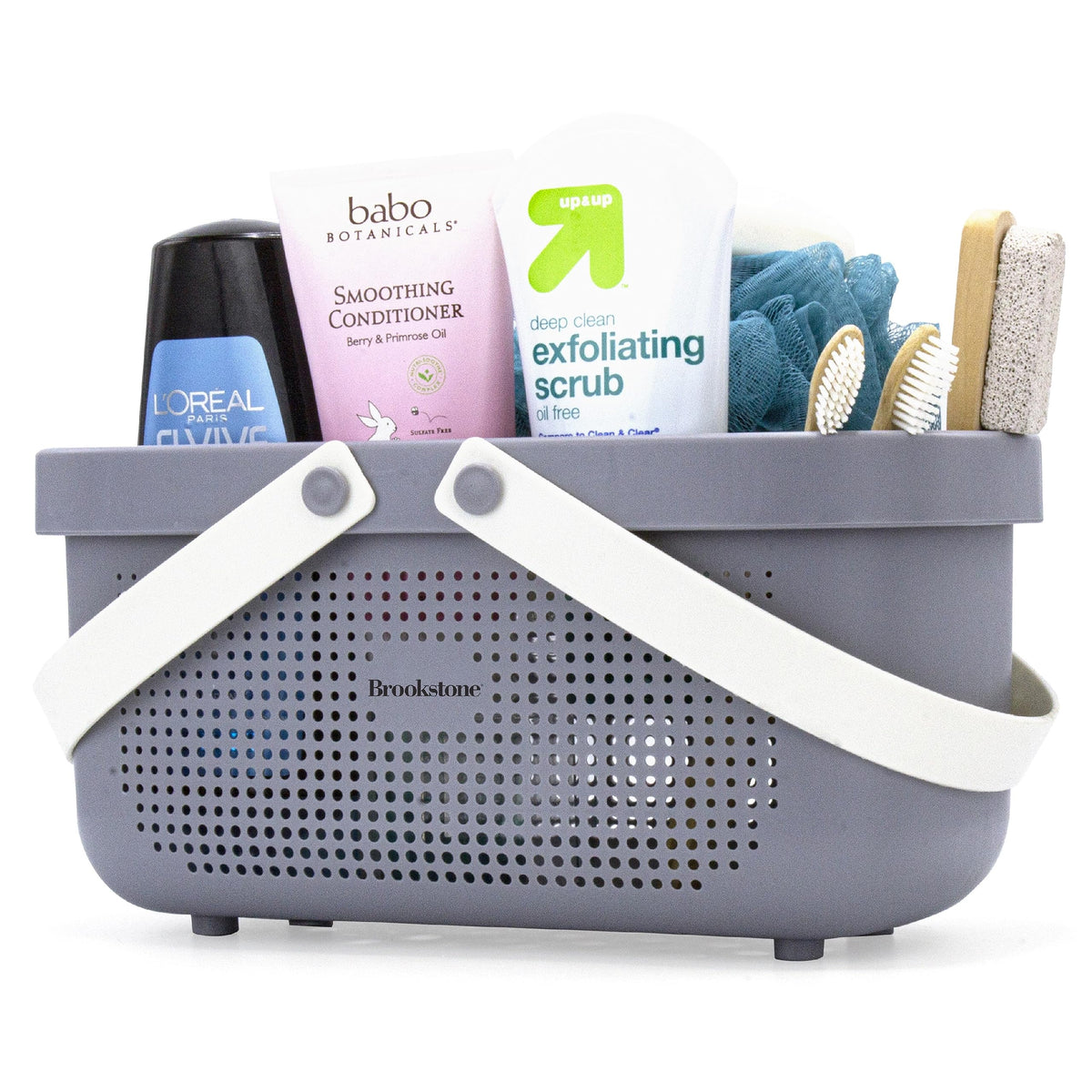 Brookstone Bkh1633, Large Portable Shower Caddy With Soft Silicone Carrying Handle, Bathroom Organizer Basket, Plastic Bath Tote