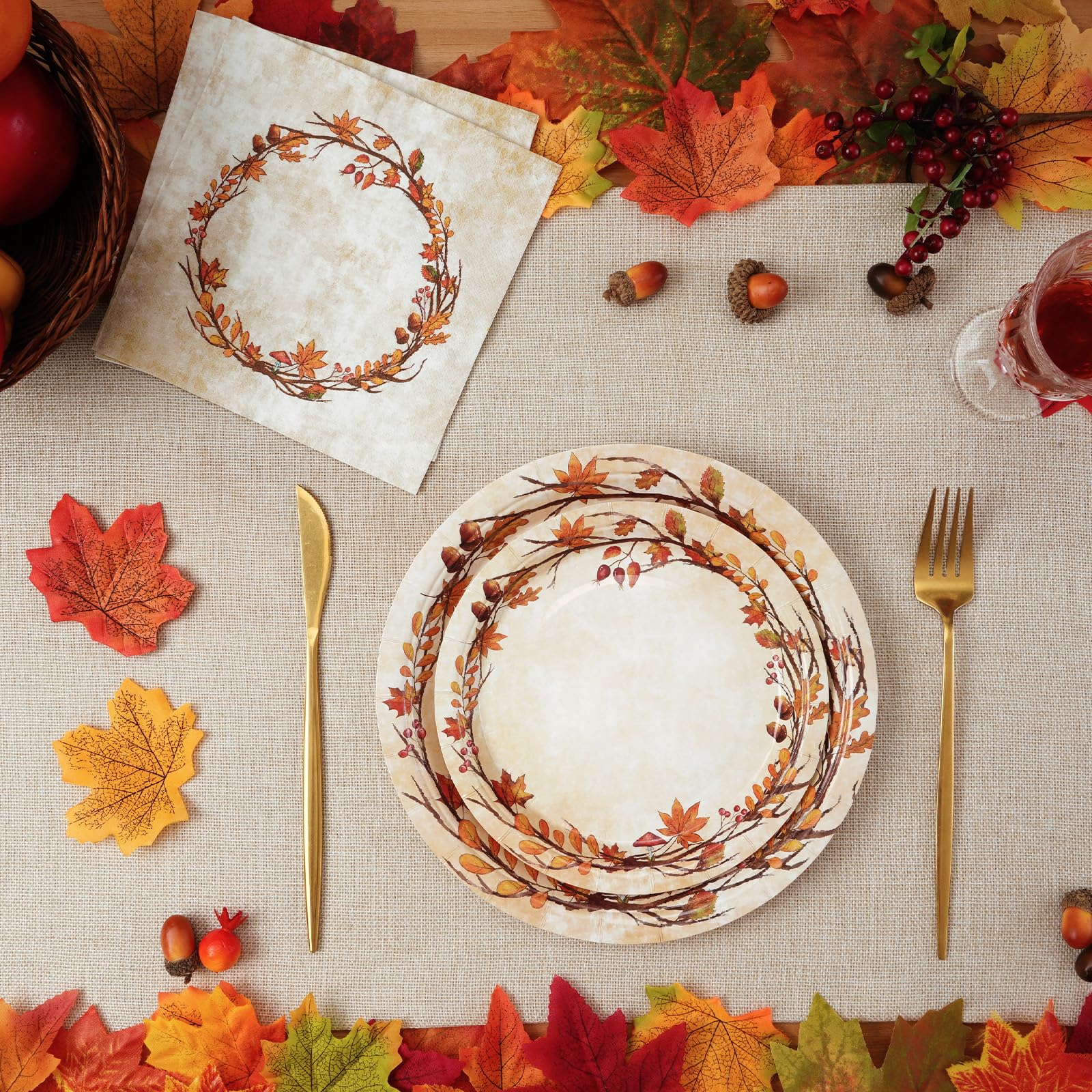 Homlouue 200 Pcs Fall Paper Plates and Napkins, Watercolor Autumn Leaves Thanksgiving Party Supplies Disposable, Fall Plates Dis