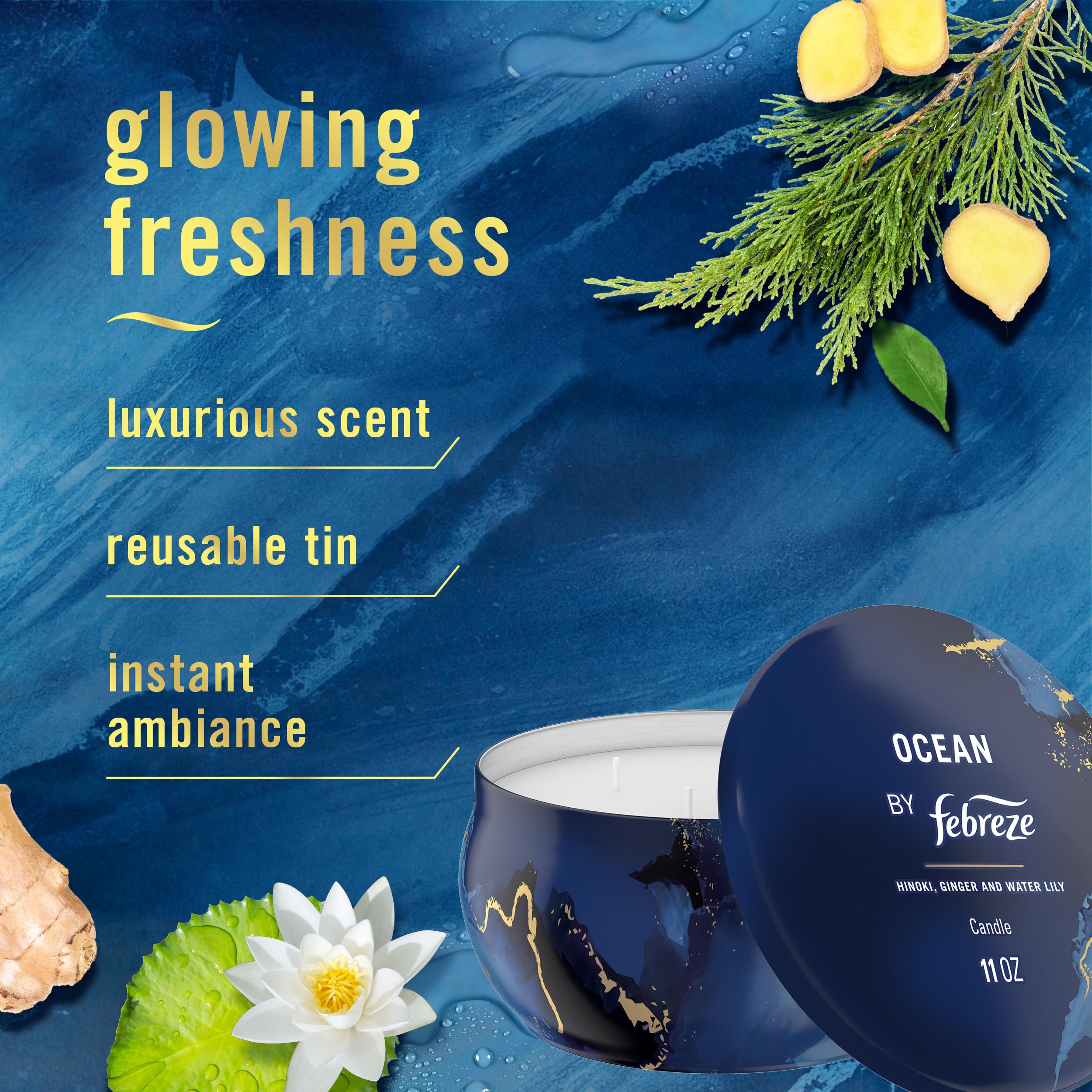 Febreze Scented Candle, Ocean Scent, 11 oz 4 Wick Candle, Single Pack