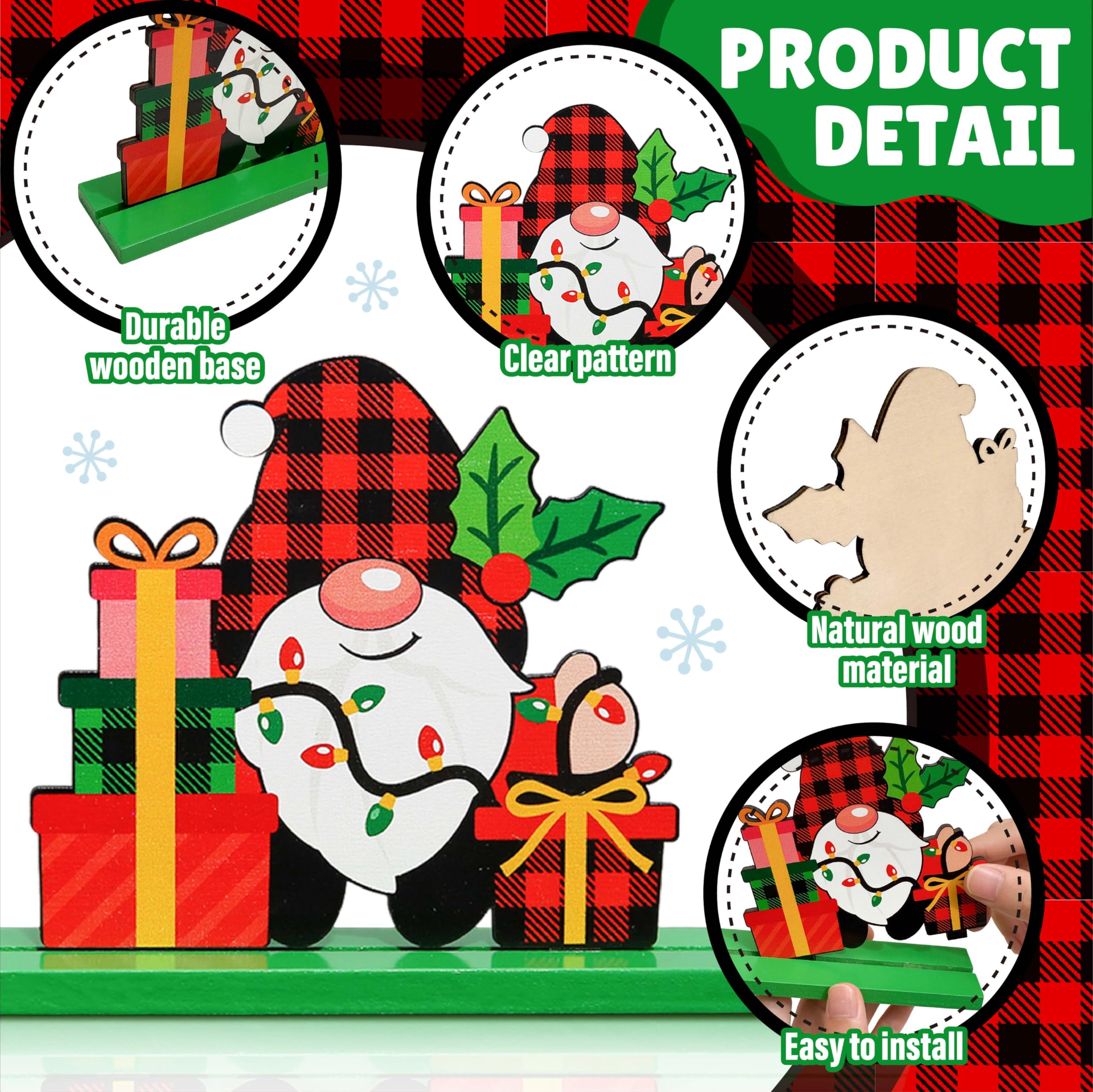 Golibra 6PCS Wooden Christmas Decorations, Buffalo Plaid Table Decorations, Holiday Centerpiece Signs with Santa, Snowman, Gnome